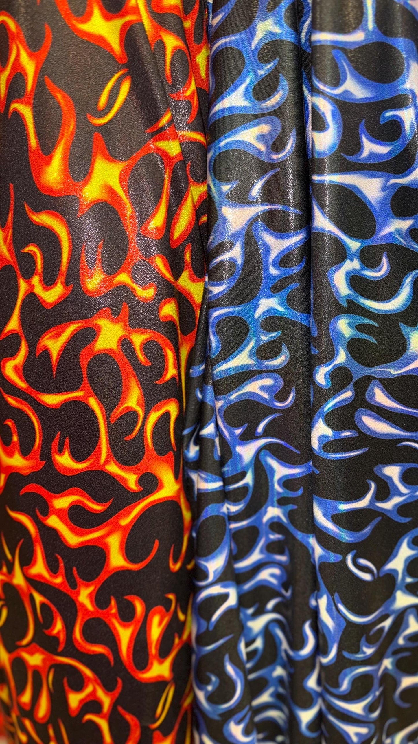 Hot flame design on Iridescent Metallic nylon spandex 4way stretch 58/60" Sold by the YD. Ships worldwide from Los Angeles California USA.