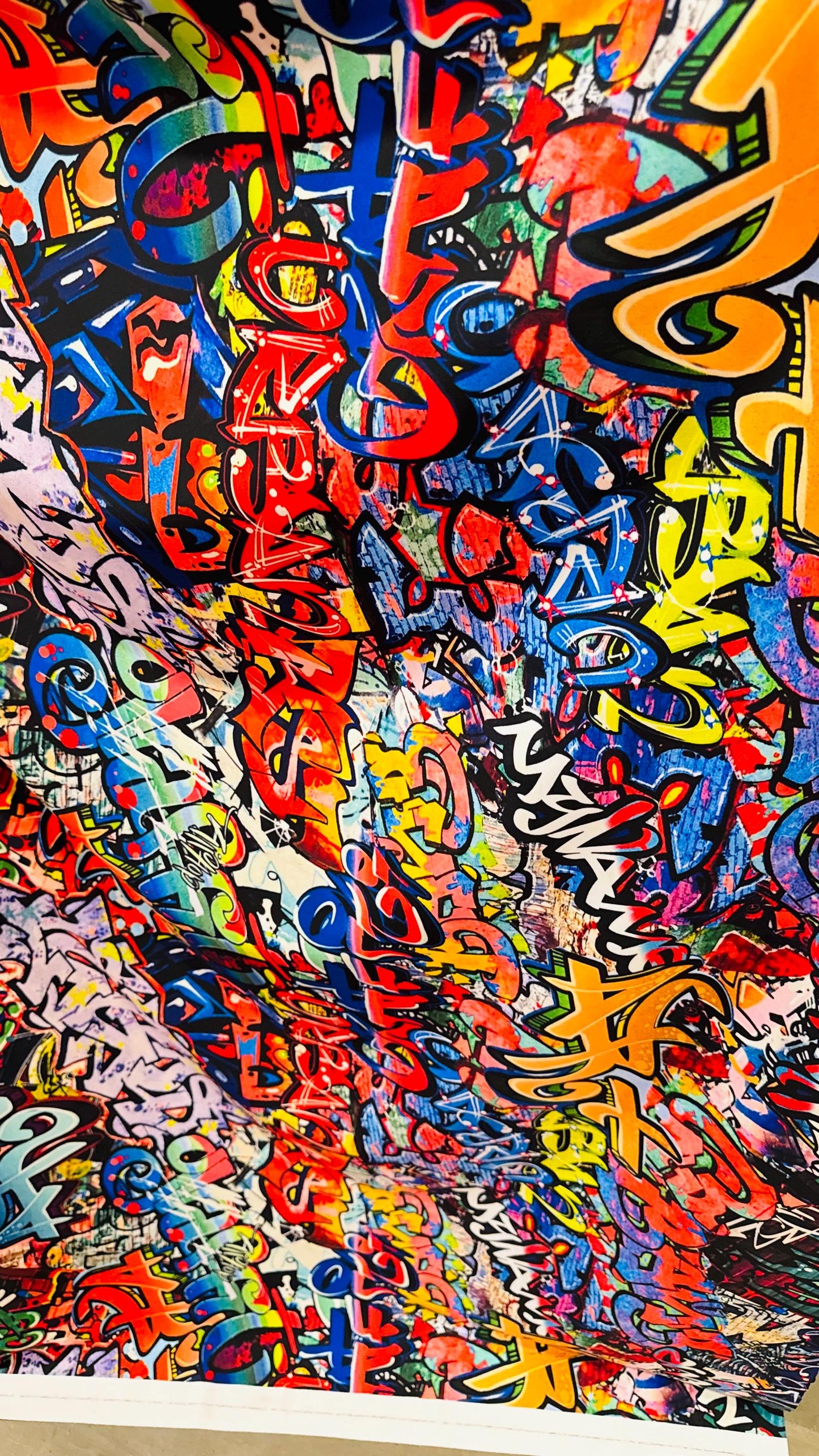 Graffiti design Multicolor print on great quality of nylon spandex 4-way stretch 58/60” Sold by the YD. Ships worldwide from Los Angeles CA