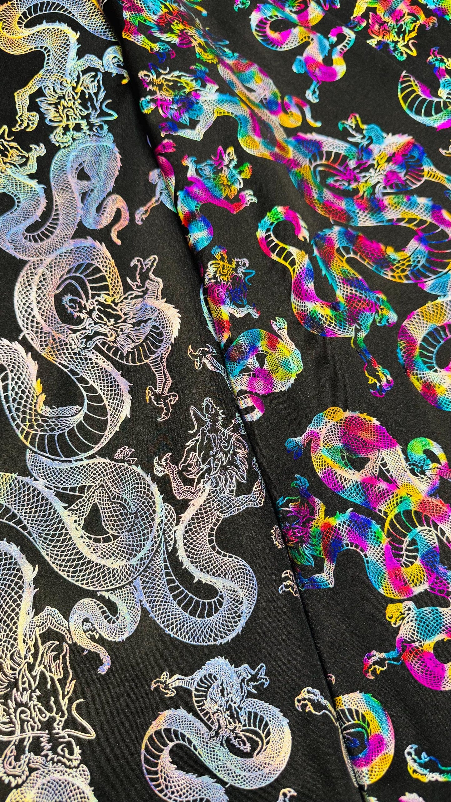 New 3D Dragon design Iridescent metallic nylon spandex 4-way stretch 58/60” Sold by the YD. Ships worldwide from Los Ángeles California USA.