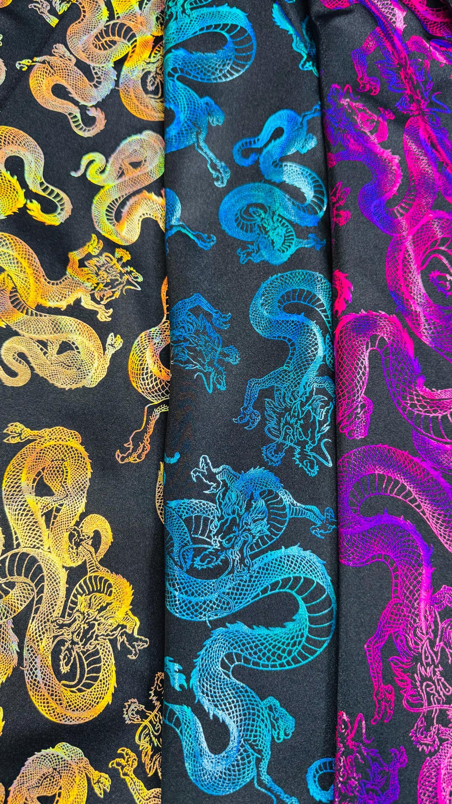 New 3D Dragon design Iridescent metallic nylon spandex 4-way stretch 58/60” Sold by the YD. Ships worldwide from Los Ángeles California USA.