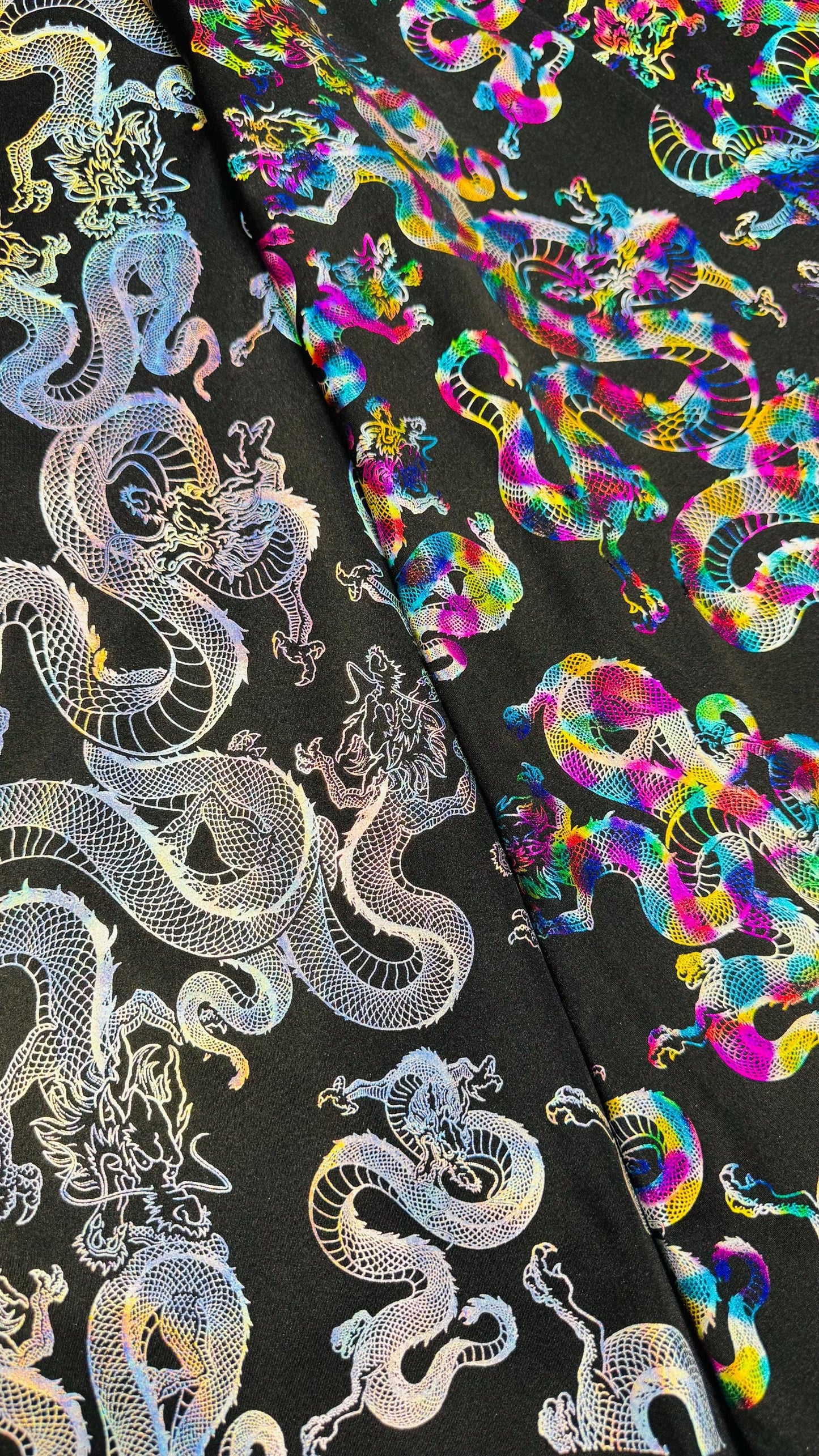 New 3D Dragon design Iridescent metallic nylon spandex 4-way stretch 58/60” Sold by the YD. Ships worldwide from Los Ángeles California USA.