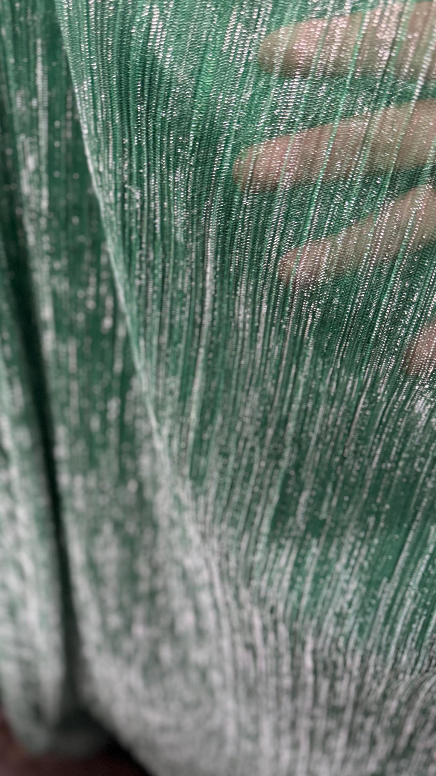 New Pleated metallic stretch mesh Green/Silver 4way stretch 58/60" Sold by the YD. Ships worldwide from Los Angeles California USA.