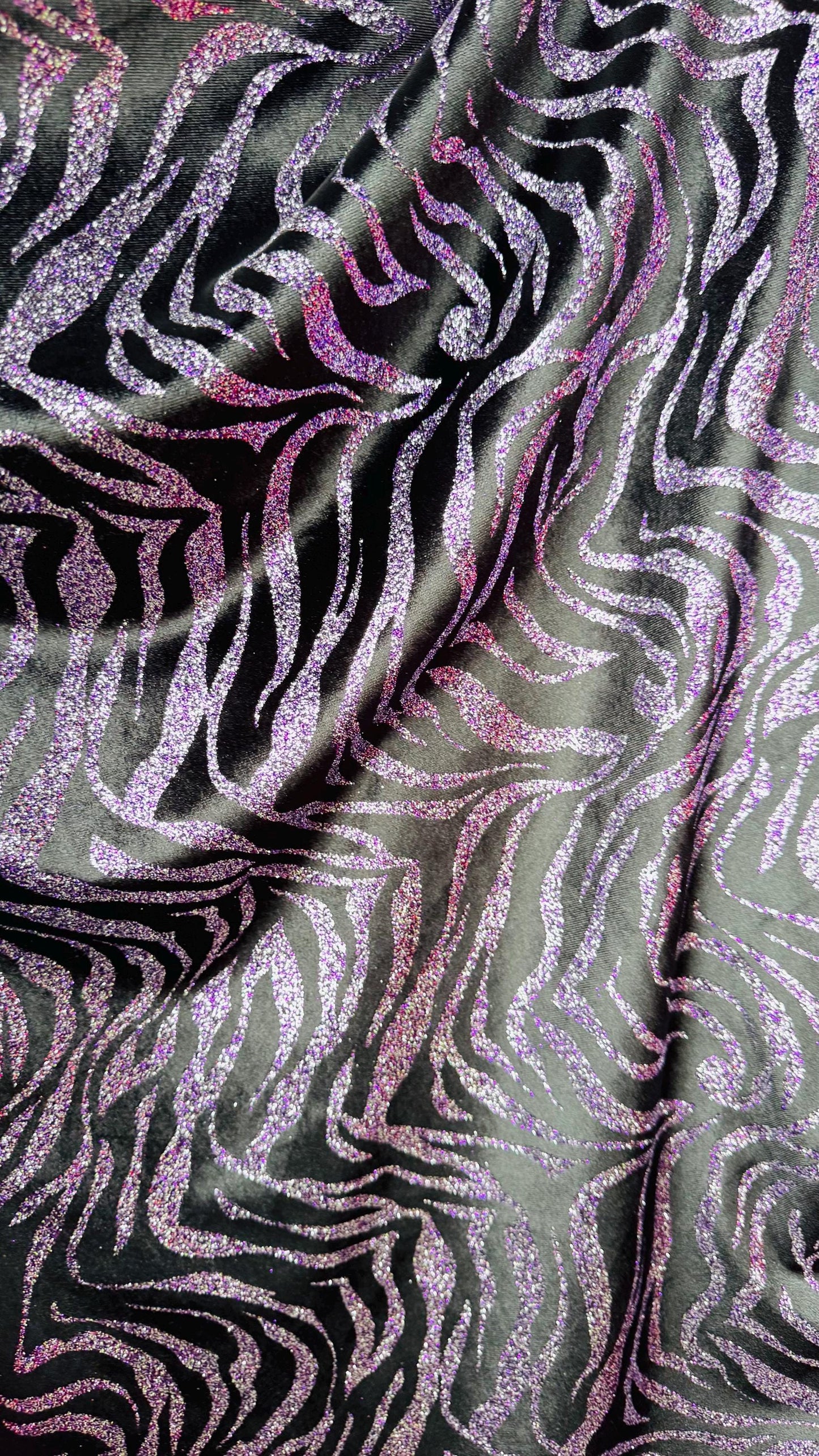 Exotic Zebra design with glitter on heavy stretch velvet 4way 58/60" Sold by the YD. Ships worldwide from Los Angeles California USA.