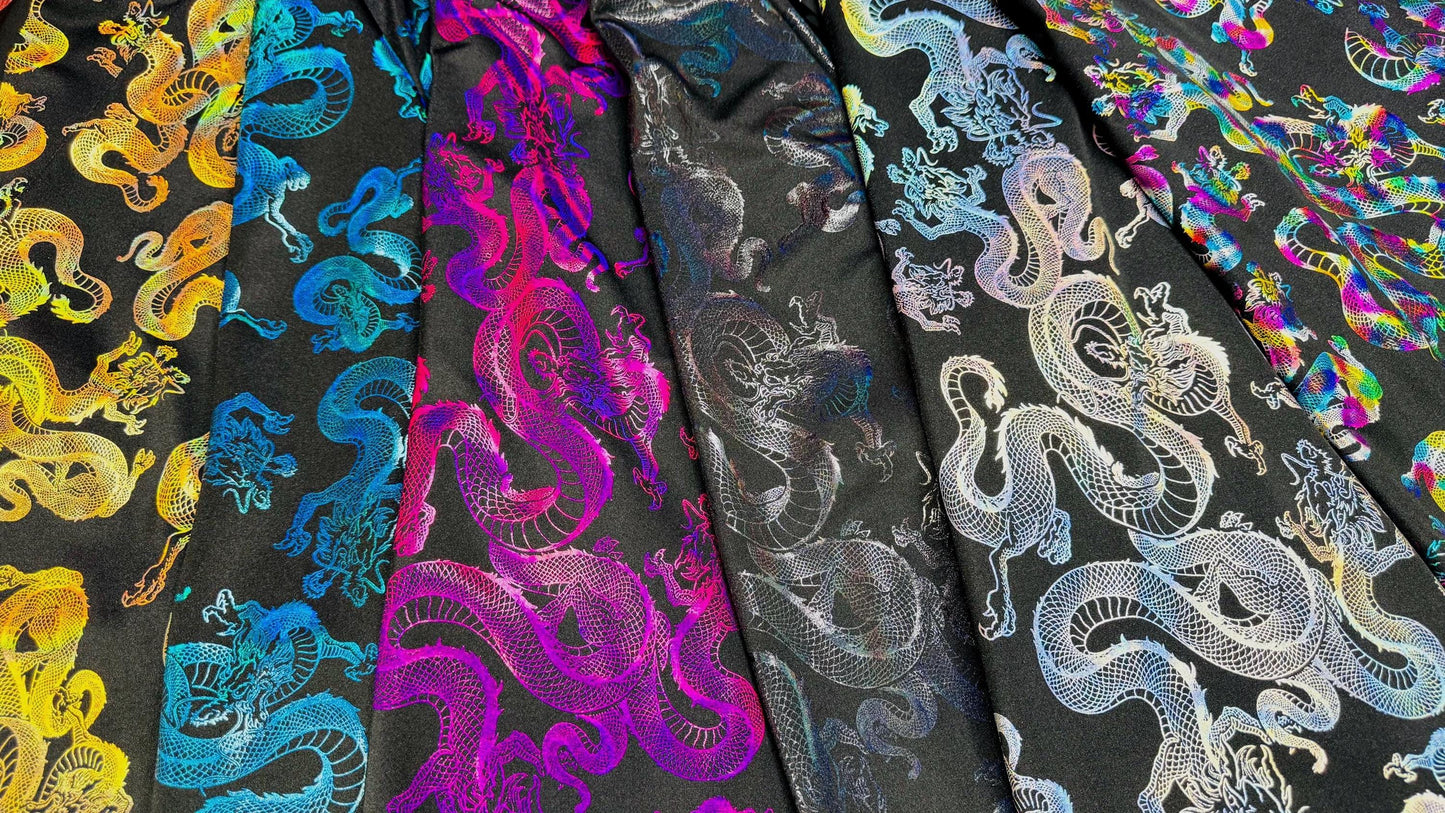 New 3D Dragon design Iridescent metallic nylon spandex 4-way stretch 58/60” Sold by the YD. Ships worldwide from Los Ángeles California USA.