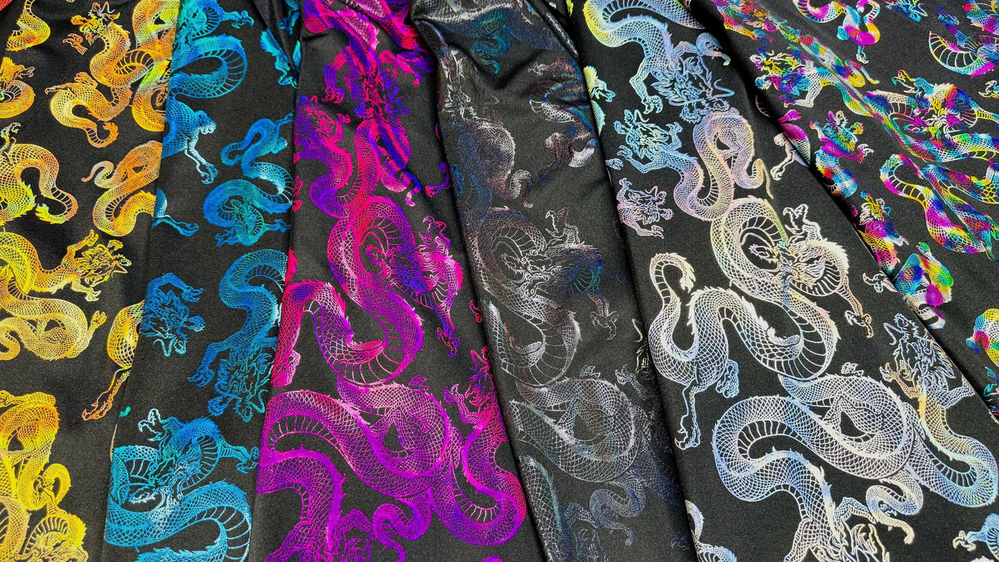 New 3D Dragon design Iridescent metallic nylon spandex 4-way stretch 58/60” Sold by the YD. Ships worldwide from Los Ángeles California USA.