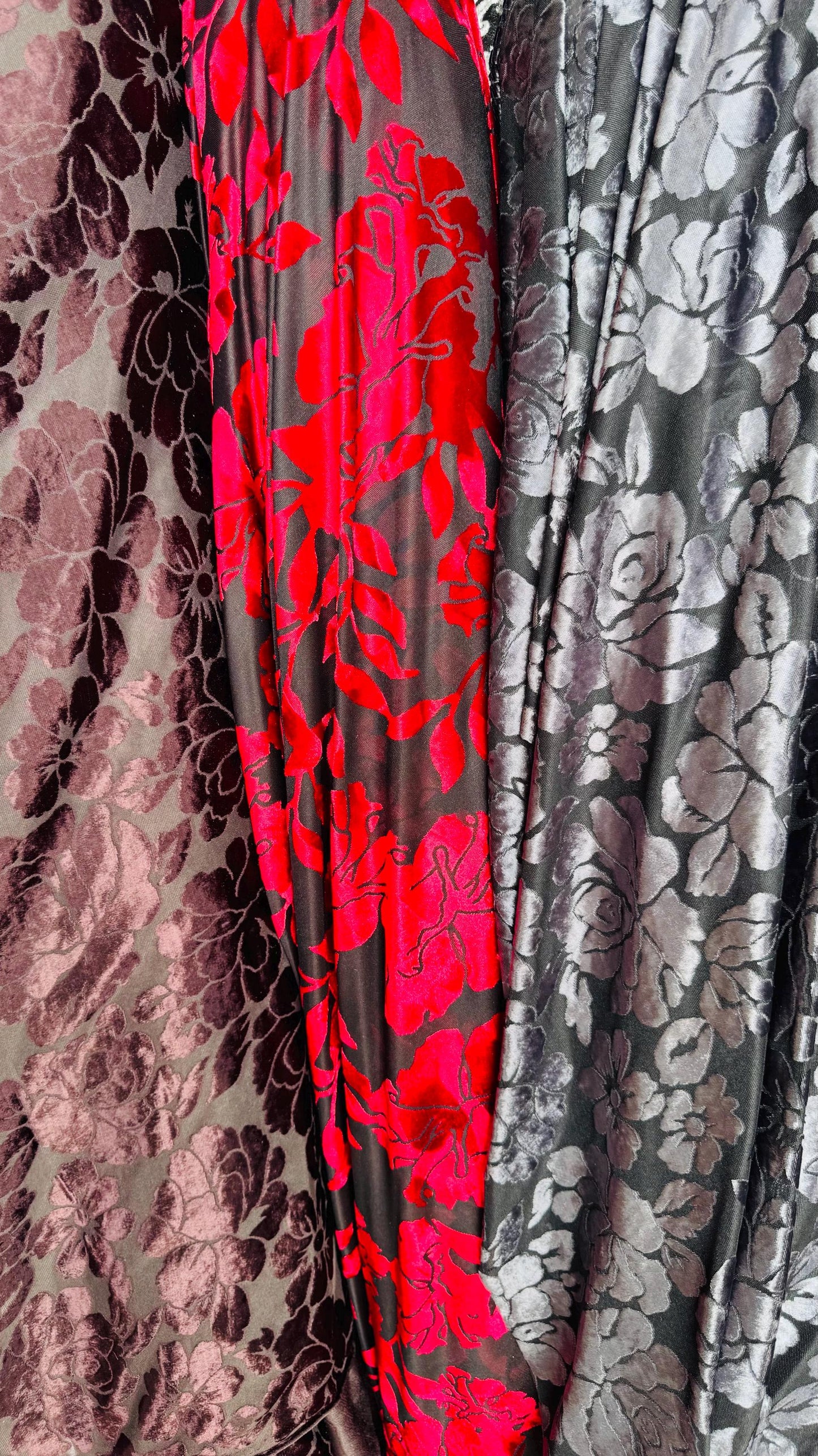 New burnout velvet exotic Flower design multicolor 4way Stretch 58/60" Sold by the YD. Ships worldwide from Los Angeles California USA.