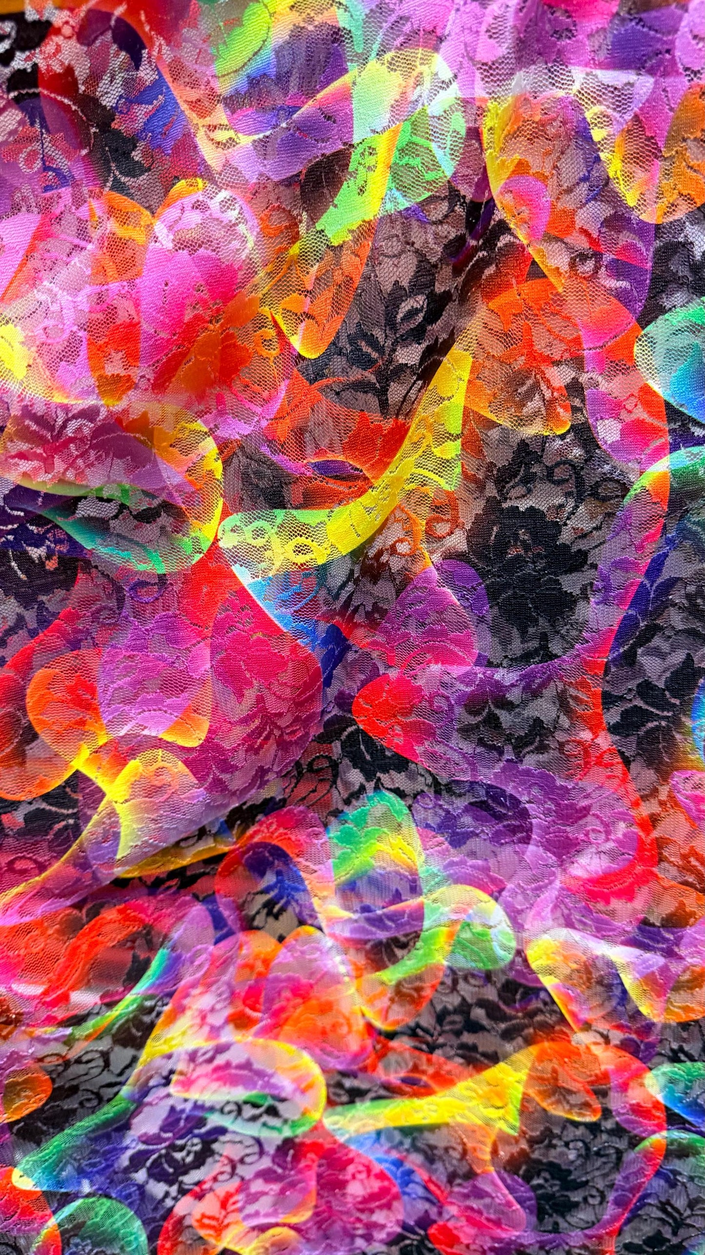 Aurora abstract design print on spandex lace 4way stretch 58/60" sold by the yd. Ships worldwide from Los Angeles California USA.