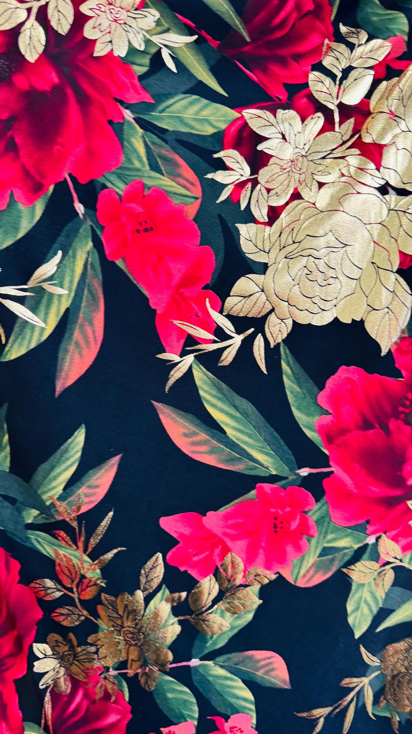 New Romantic flower design Black Multicolor print on great quality of Poly spandex with foil 4-way stretch 58/60” Sold by the YD.