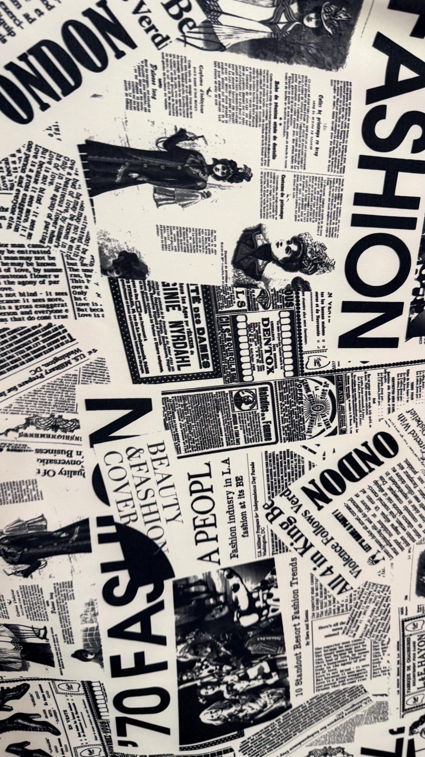New Newspaper Fashion Design print on poly spandex 4-way stretch 58/60” Sold by the YD. Ships worldwide from Los Angeles California USA