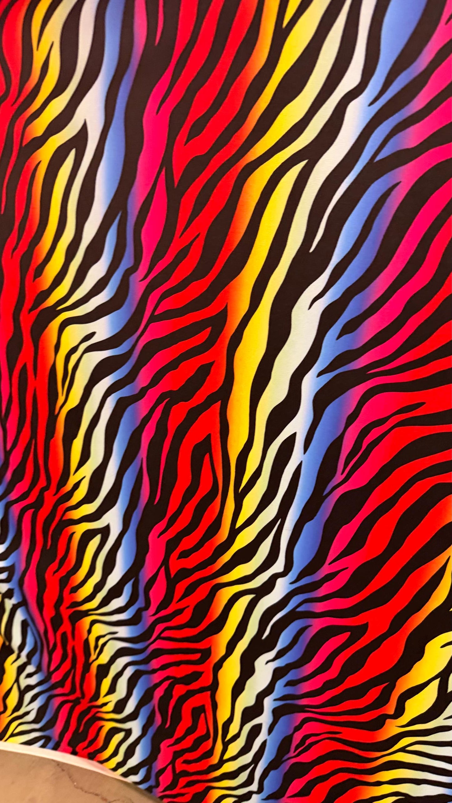 Rainbow zebra design print on nylon spandex 4way stretch 58/60" Sold by the YD. Ships worldwide from Los Angeles California USA.