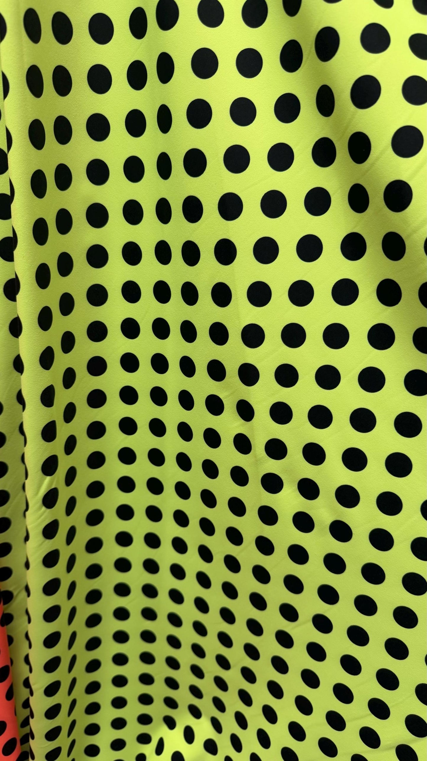 New polka dots design neon colors with black dots nylon spandex 4-way stretch 58/60” Sold by the YD. Ships worldwide from Los Angeles CA