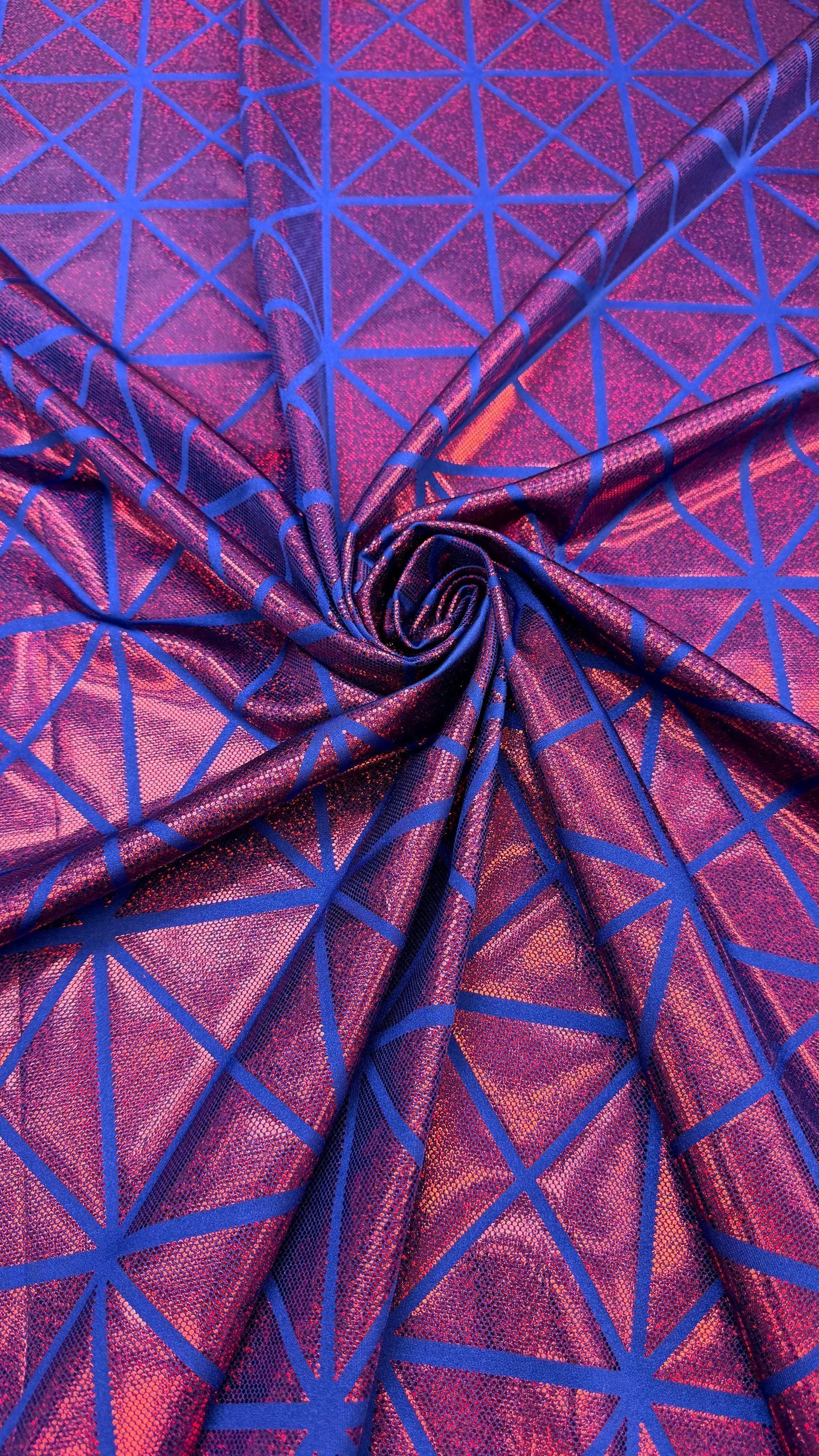 Geometric desing hologram metallic nylon spandex 4-way stretch 58/60" sold by the yd. Ships worldwide from Los Angeles California USA