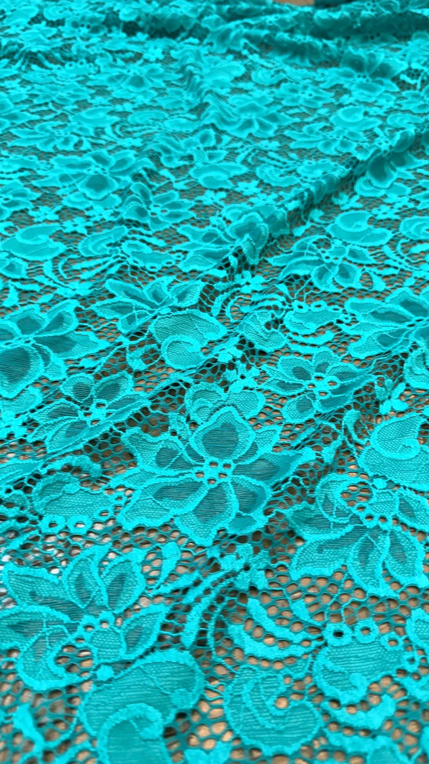 Stretch Lace Victora flower design NEW LACE Jade green 4way stretch 58/60" sold by the yd. Ships worldwide from Los Angeles California USA.