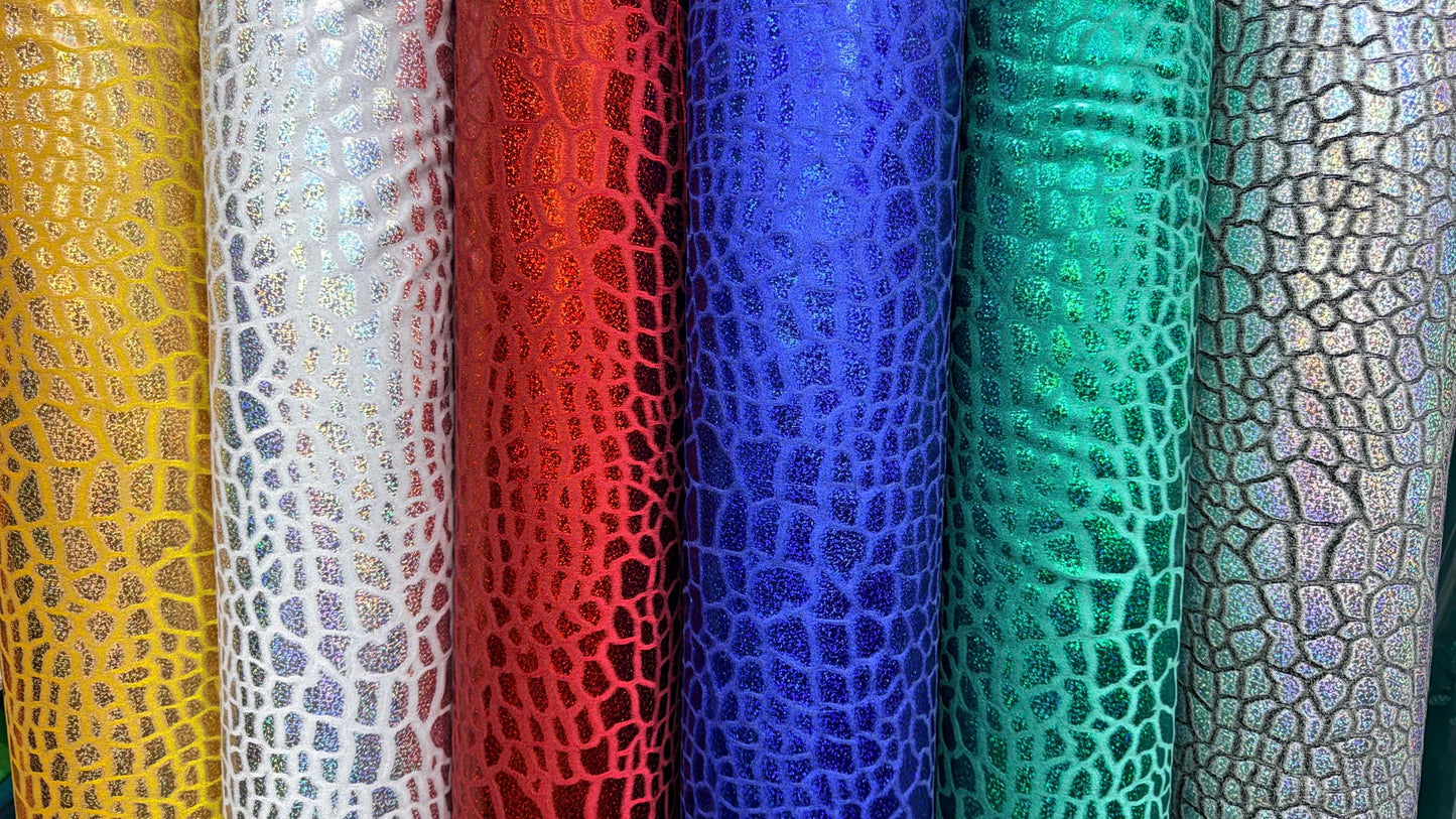 Turtle Exotic design hologram metallic stretch velvet 2-way stretch 58/60" sold by the yd. ships worldwide from Los Angeles California USA