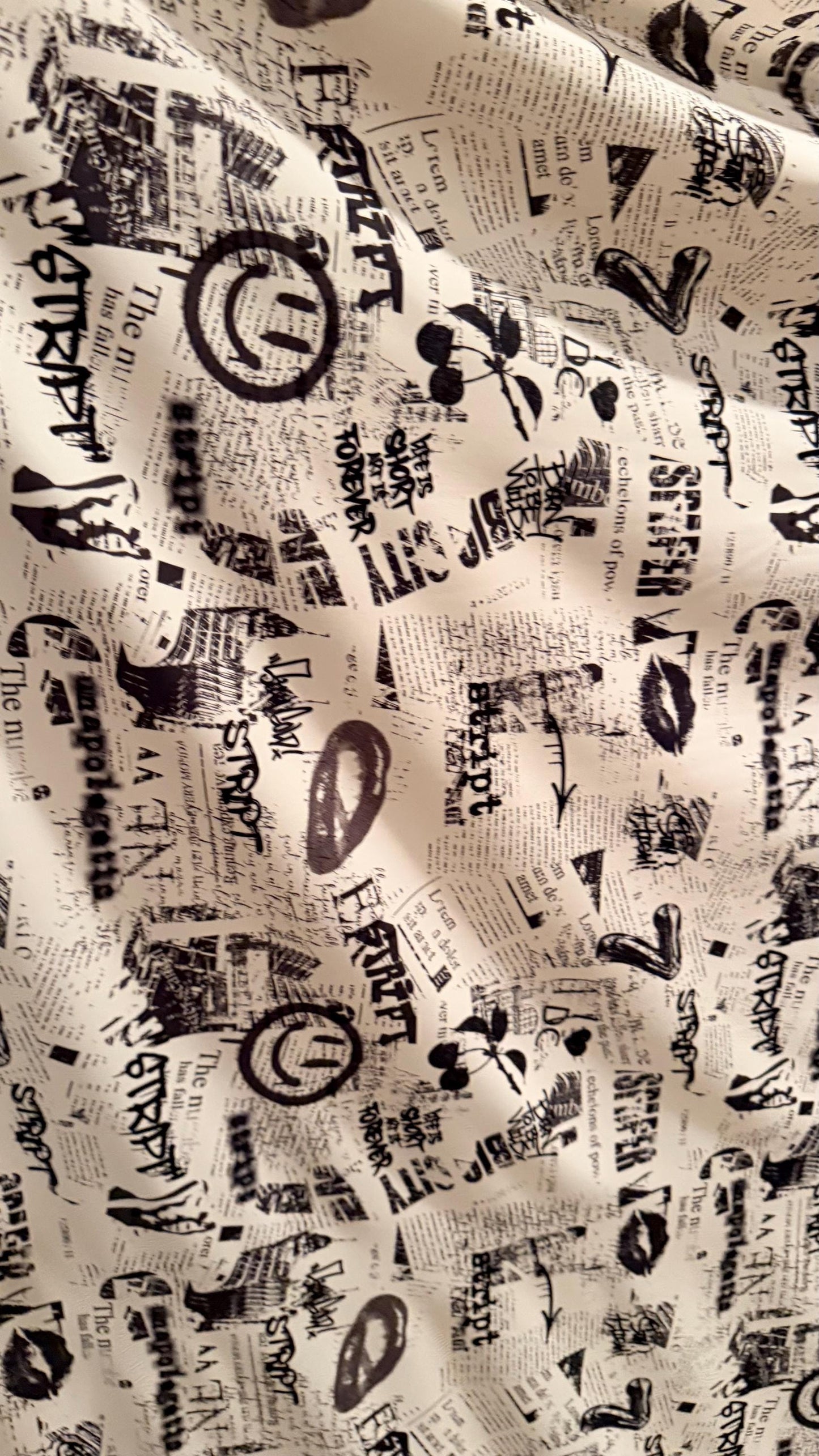 Newspaper fashion design Black/White print on great quality of nylon spandex 4-way stretch 58/60”