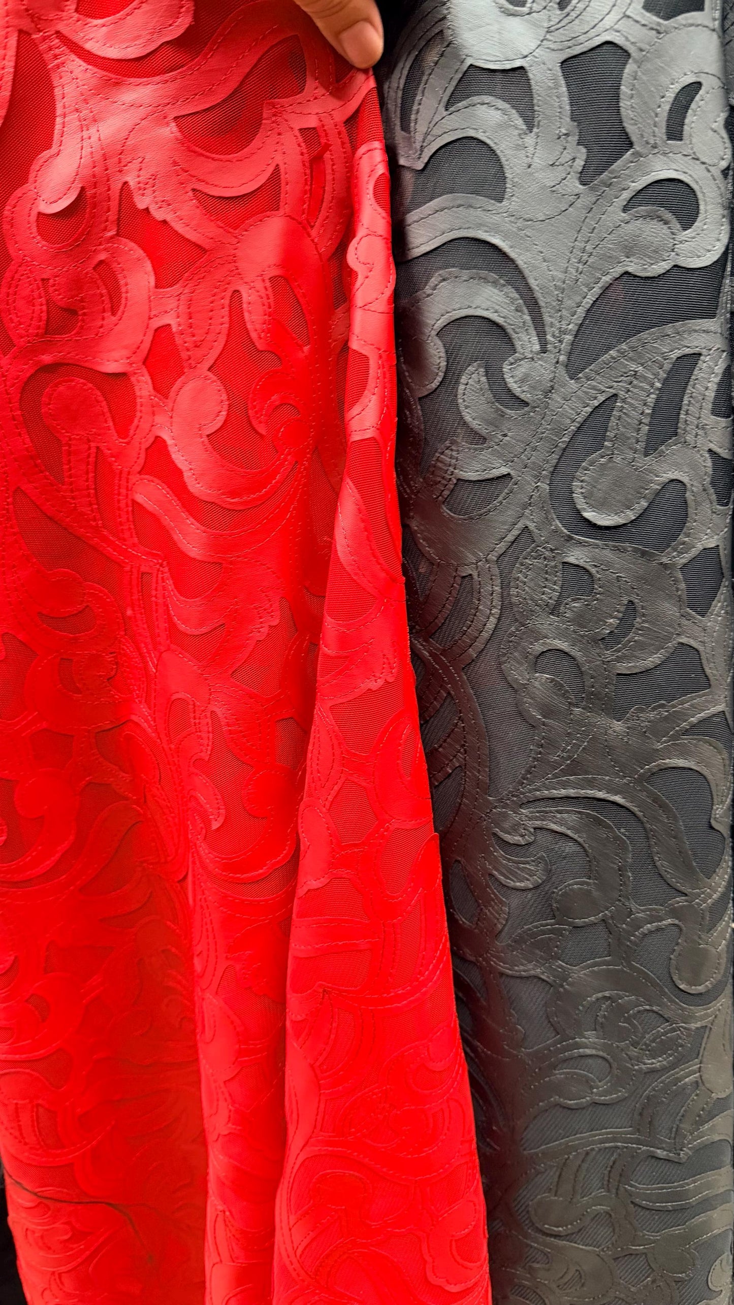 Swirl abstract design leather looking embroidered on stretch mesh 2-way stretch 55/57” Sold by the YD. Ships Worldwide from Los Angeles CA