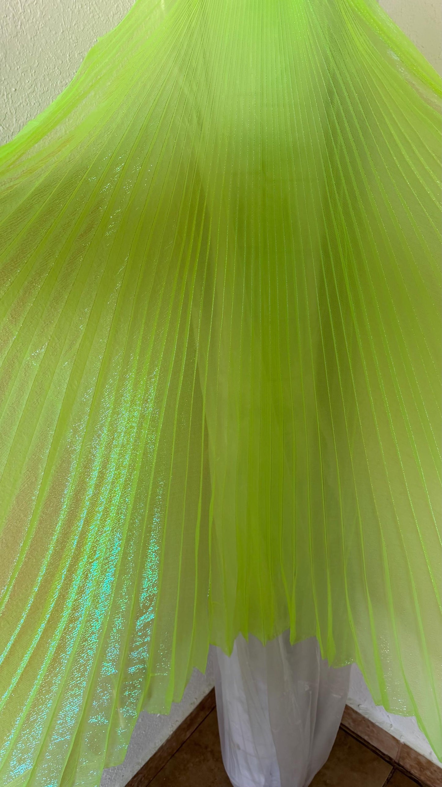 Sunburst pleated Iridescent metallic organza Wing Style 108” length by 56” width Sold by the PC ships worldwide from Los Angeles California