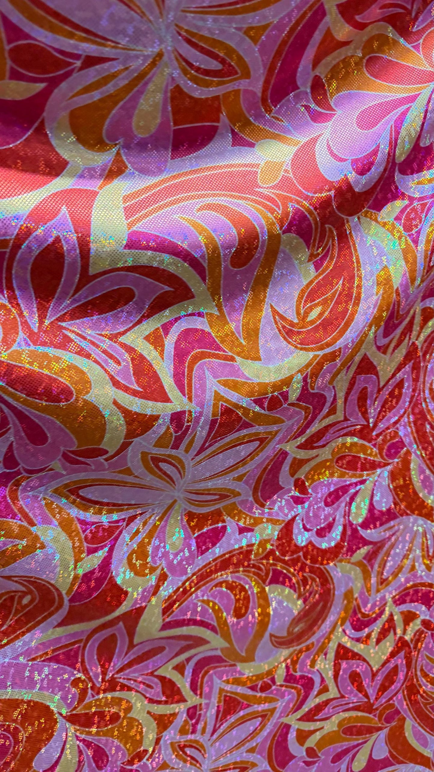 New Abstract Flower design on Hologram shattered glass metallic nylon spandex 4-way stretch 58/60” High quality fabrics by AlexLAFabrics