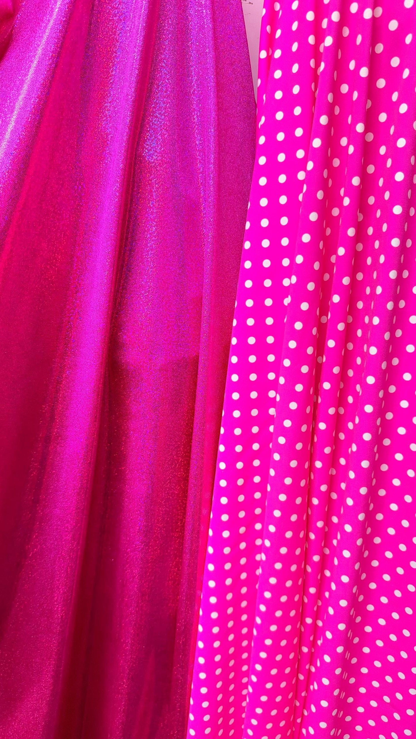 Polka dots design and hologram metallic foggy foil best quality of nylon spandex 4way stretch 58/60" sold by the Yd. Ships worldwide