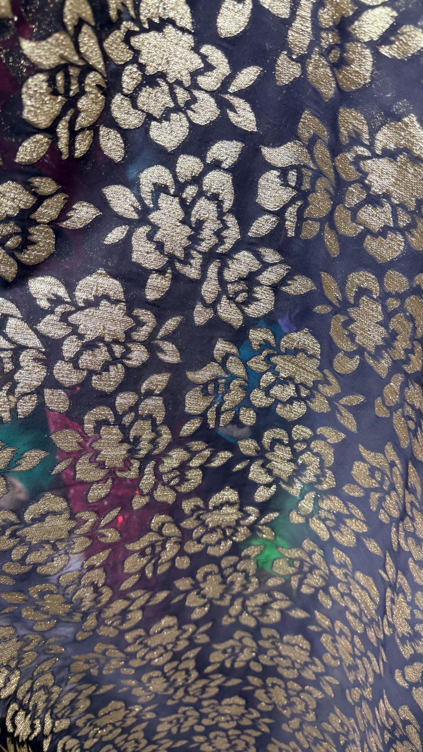 New Luxury burnout flower design silky metallic High multi Chiffon Black/Gold non stretch 55/57” Sold by the YD. Ships Worldwide from LA CA