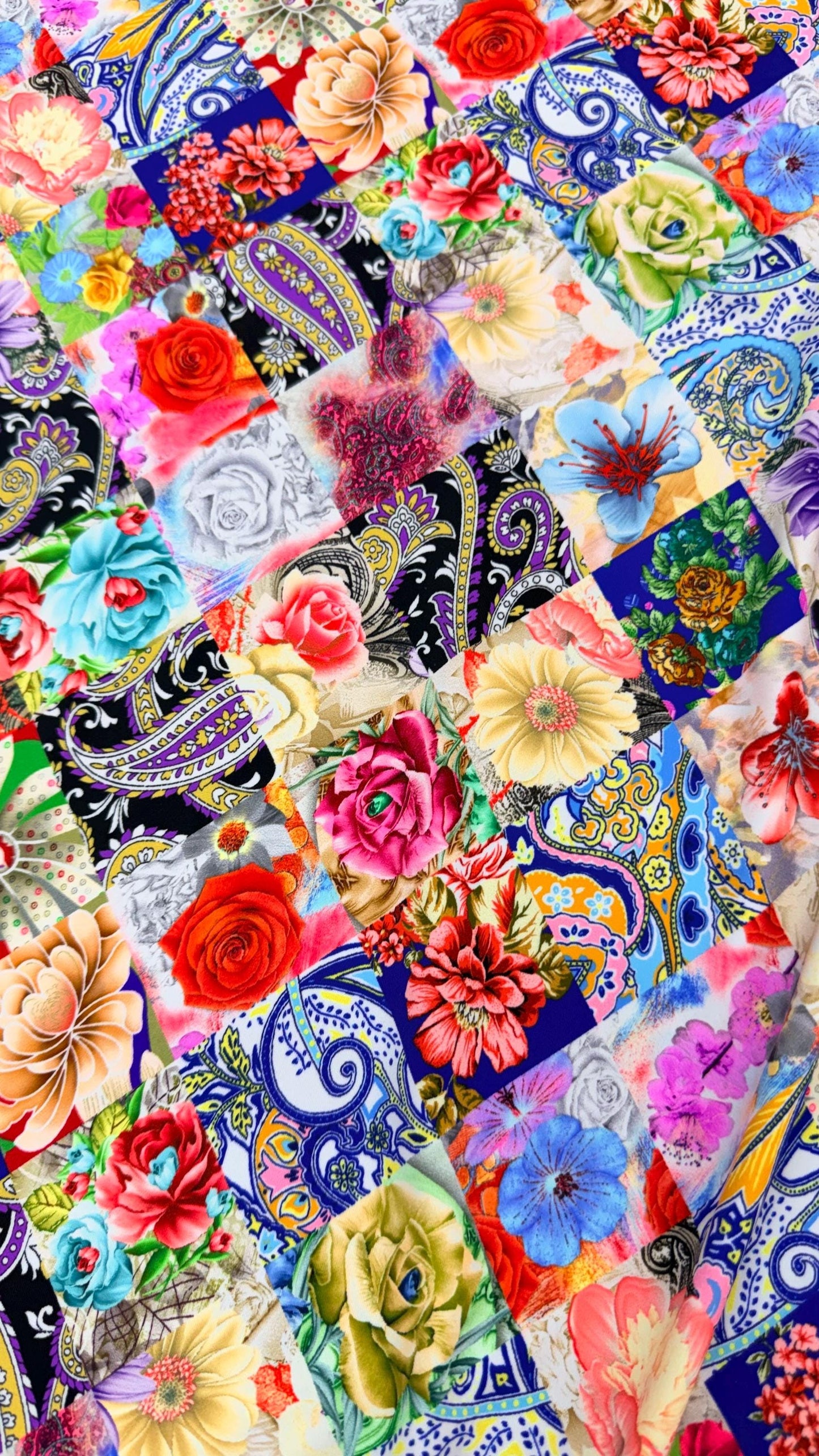 New nylon spandex Multi flower design multicolor 4way Stretch 58/60" Sold by the YD. Ships worldwide from Los Angeles California USA