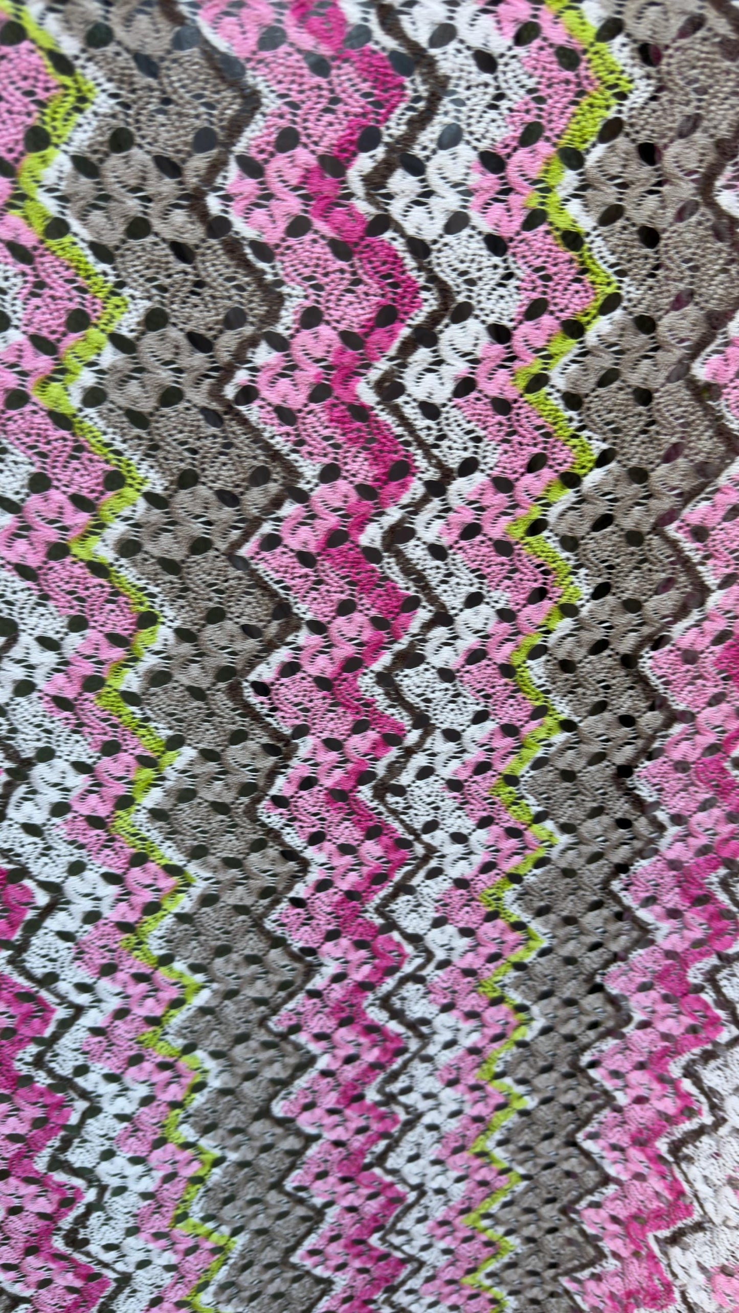 New lace crochet design Pink/ multicolor 2-way stretch 54/55” Sold by the YD. Ships worldwide from Los Angeles California USA
