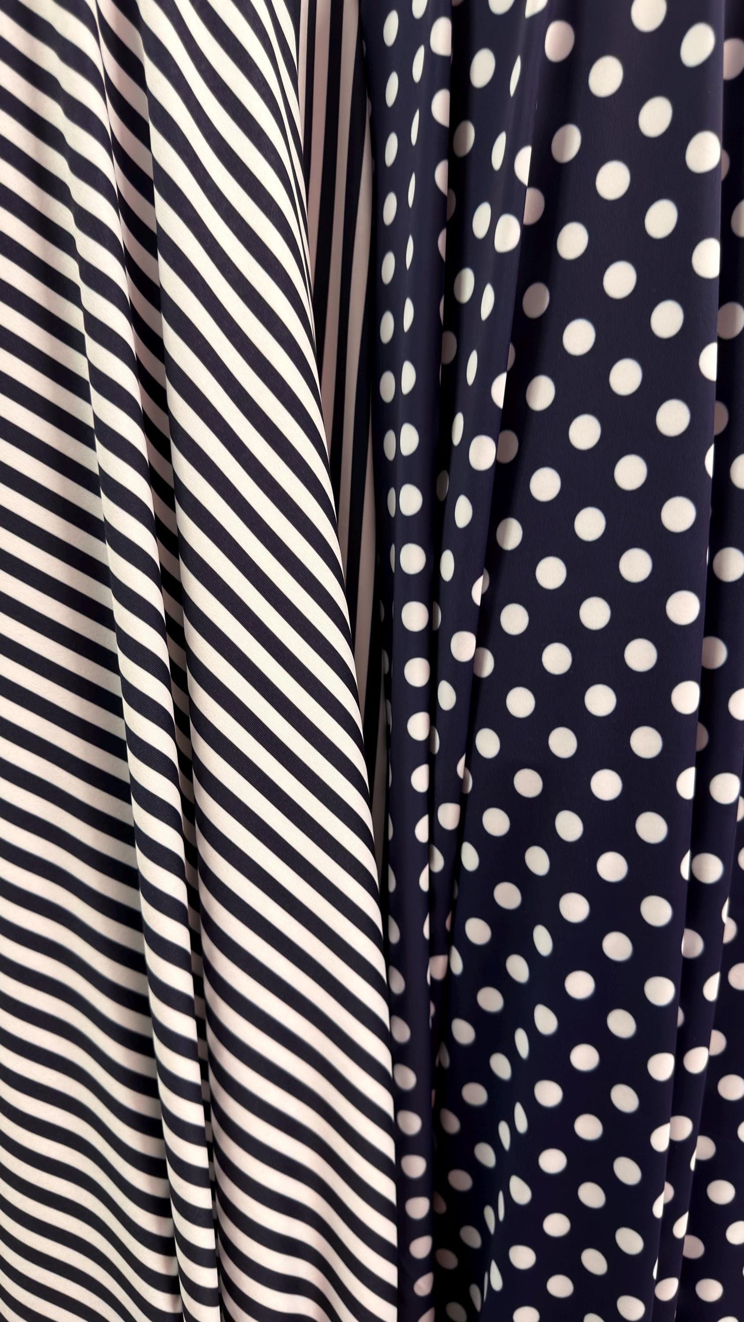 Polka dots and Small stripes design print on nylon spandex 4way stretch 58/60" sold by the Yd. Ships worldwide from Los Angeles California