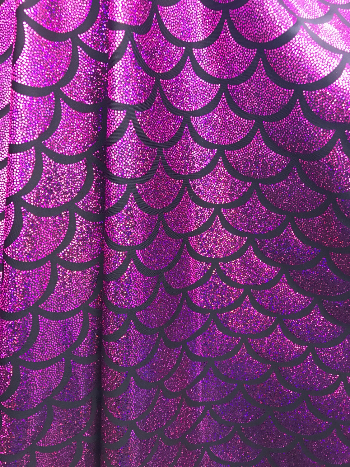 Mermaid design big jumbo size metallic foil on nylon spandex 4way Stretch 58/60" sold by the YD. Ships worldwide from Los Angeles CA, USA