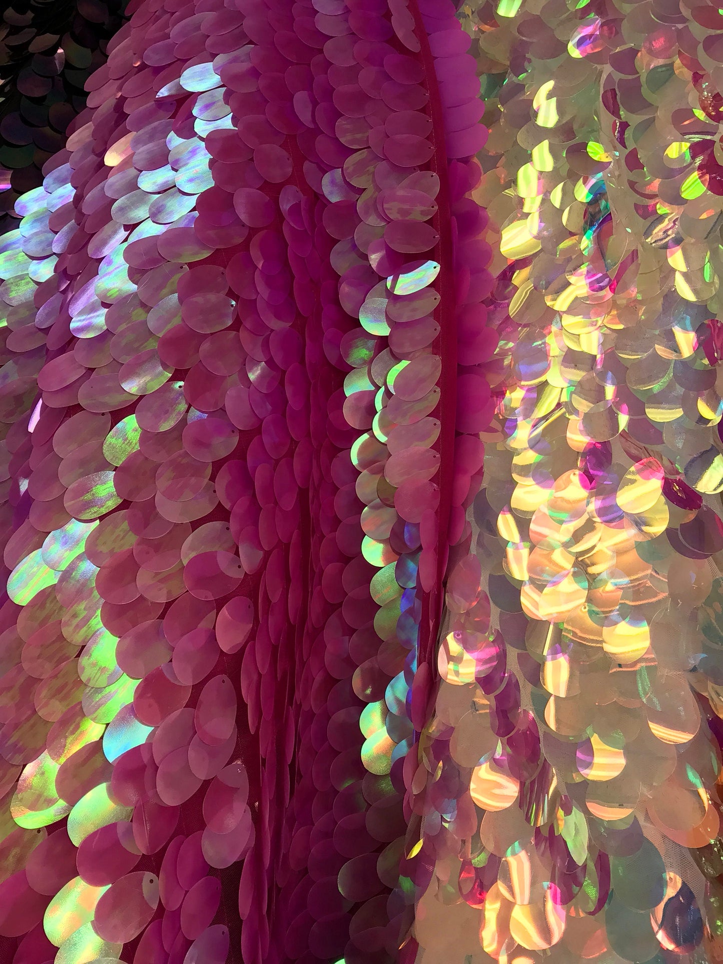 New iridescent jumbo tear drop sequins magenta and white 57/58" on stretch mesh 2way Sold by the YD. Ships worldwide from Los Angeles CA