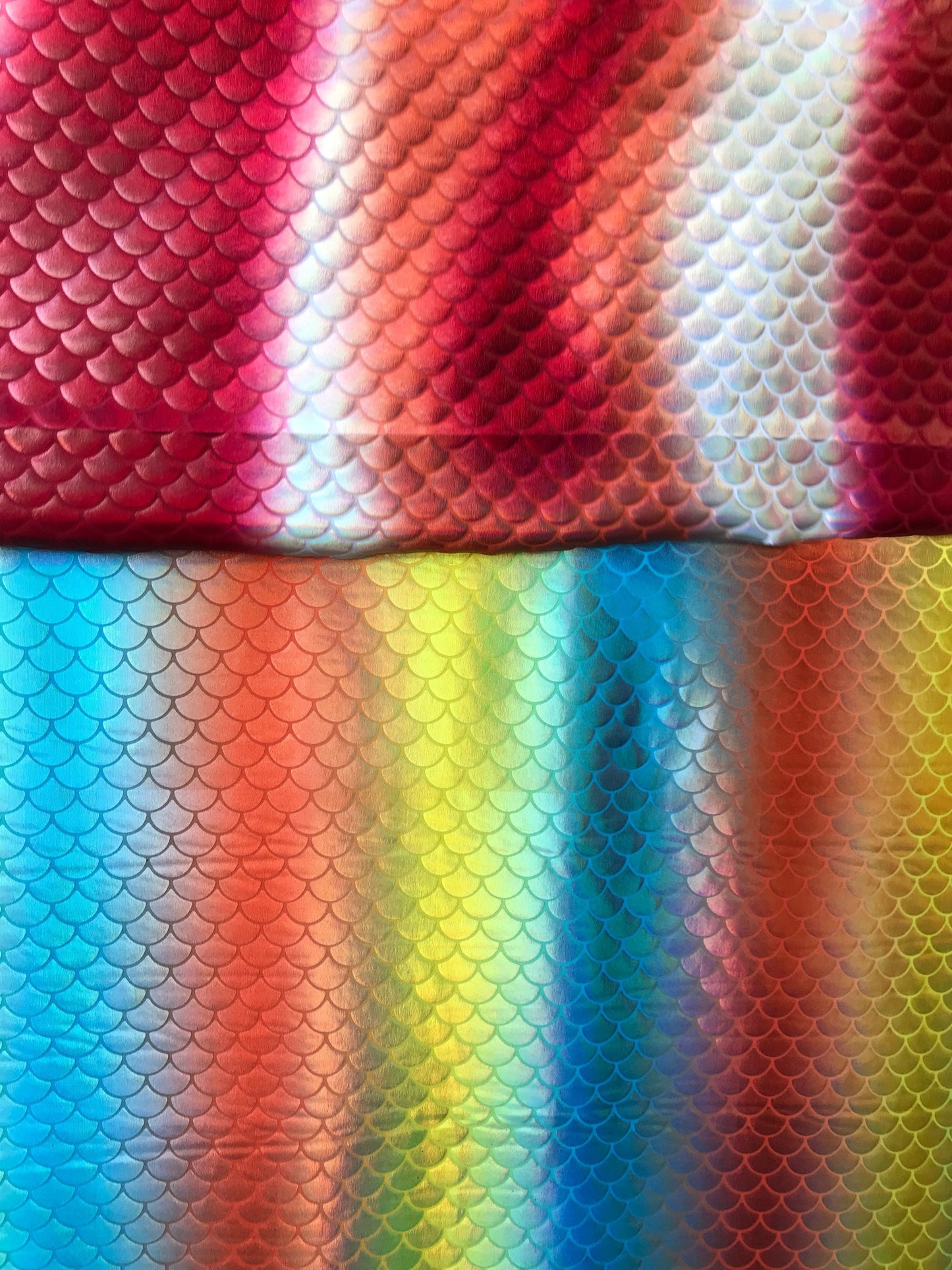 New Tie dye mermaid design all over foil nylon spandex 4way stretch 58/60" Sold by the YD. Ships worldwide from Los Angeles California USA