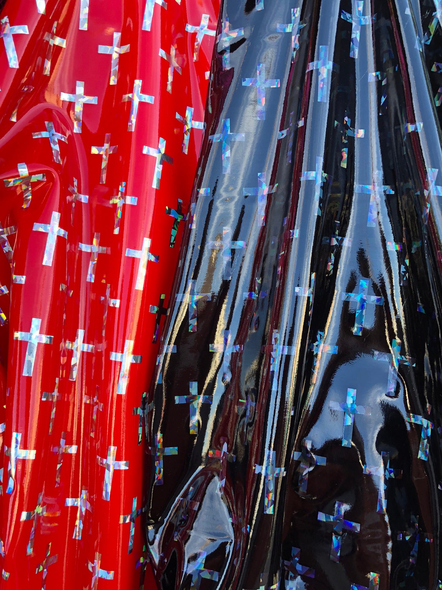 New Stretch shining vinyl cross design 4way Stretch 58/60" Sold by the YD. Ships worldwide from Los Angeles California USA.