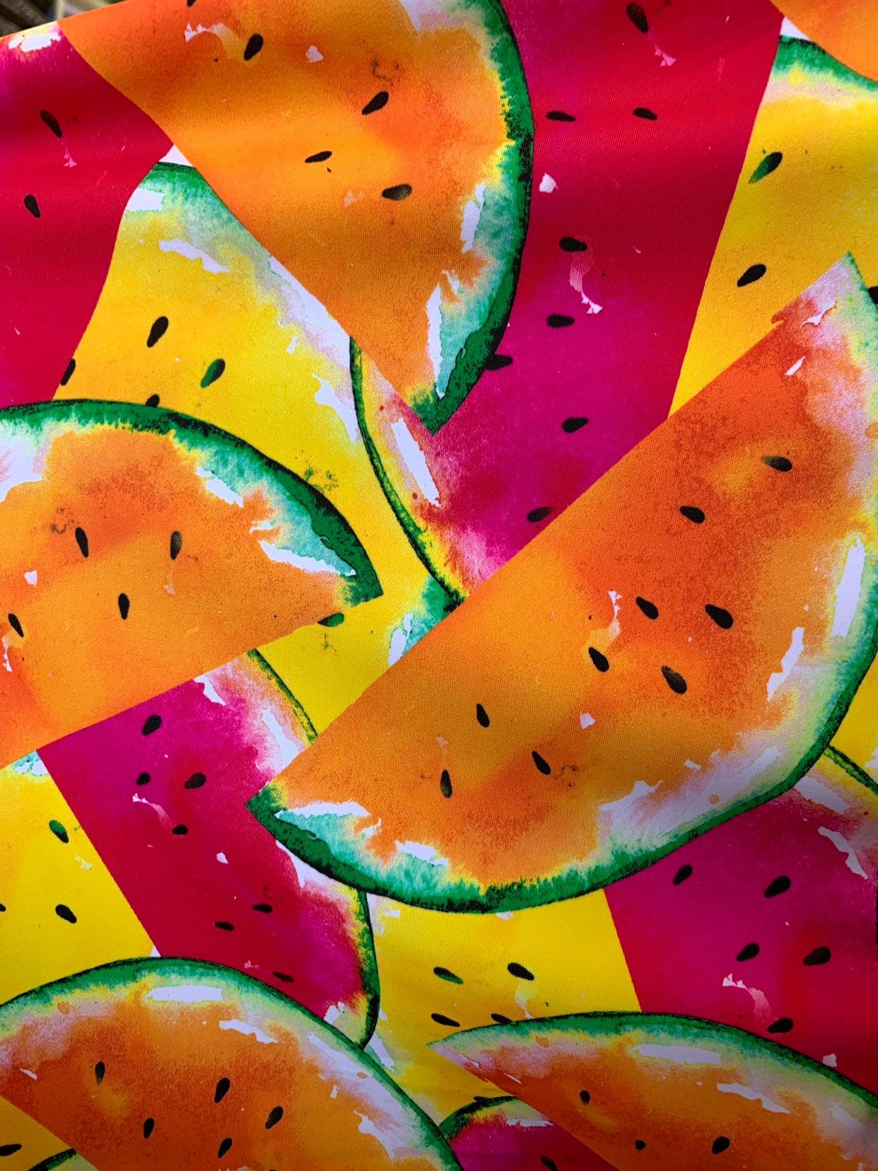 New watermelon design print on heavy nylon spandex 4way stretch 58/60" Sold by the YD. Ships worldwide from Los Angeles California USA.