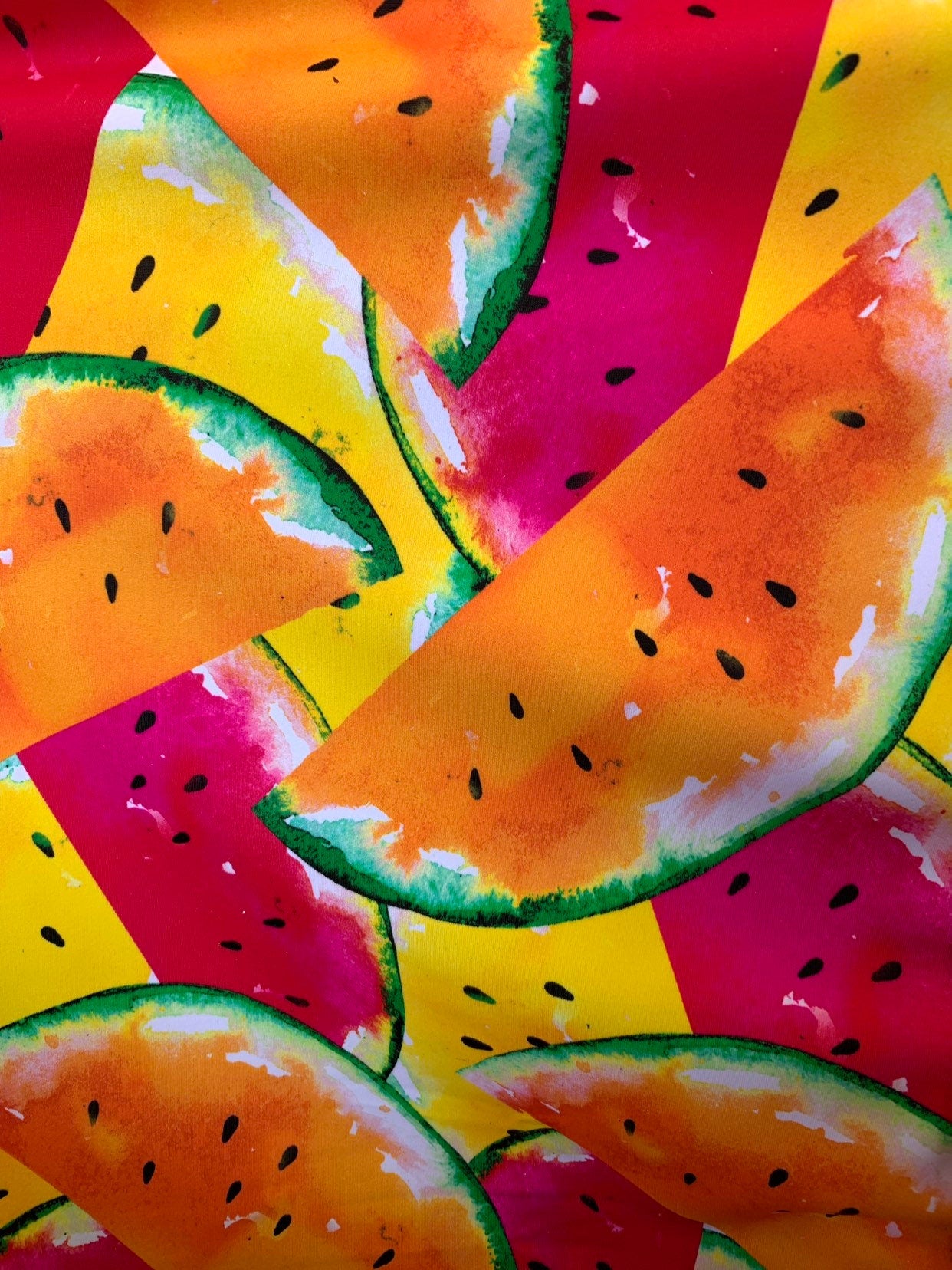 New watermelon design print on heavy nylon spandex 4way stretch 58/60" Sold by the YD. Ships worldwide from Los Angeles California USA.