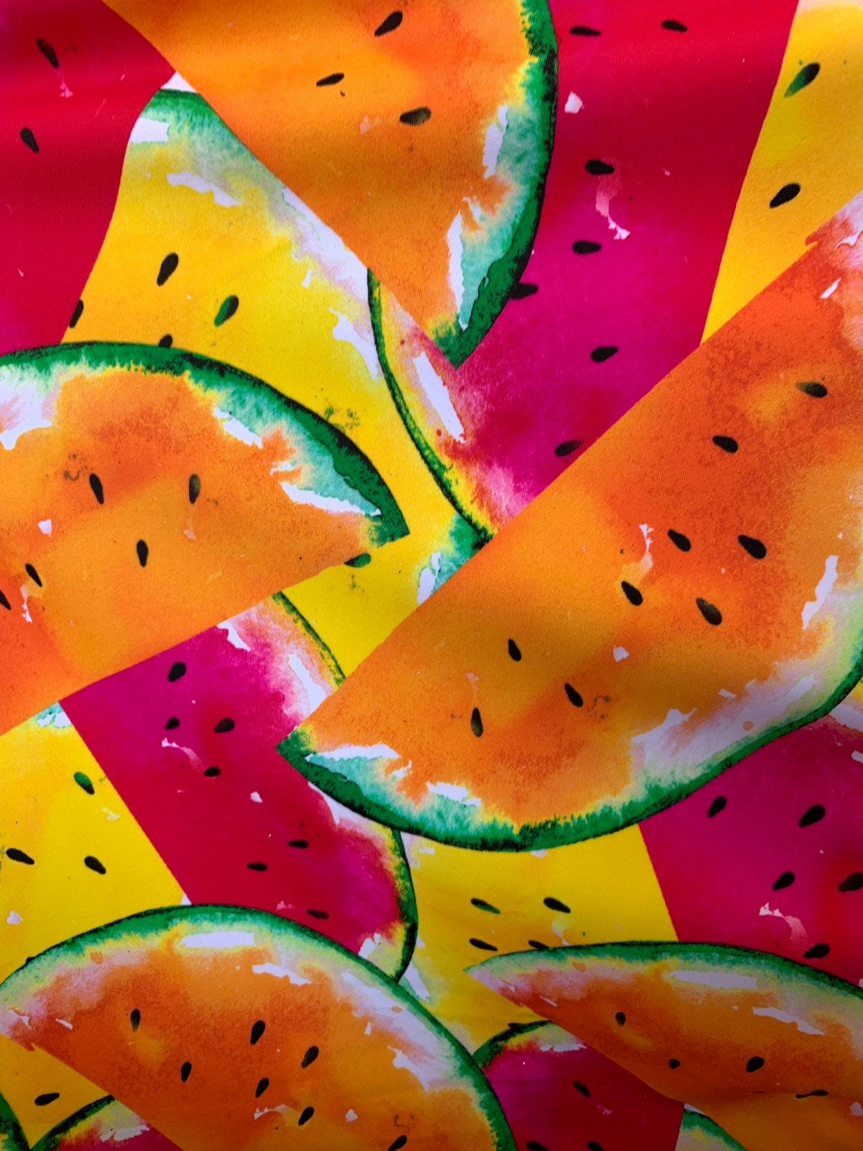 New watermelon design print on heavy nylon spandex 4way stretch 58/60" Sold by the YD. Ships worldwide from Los Angeles California USA.