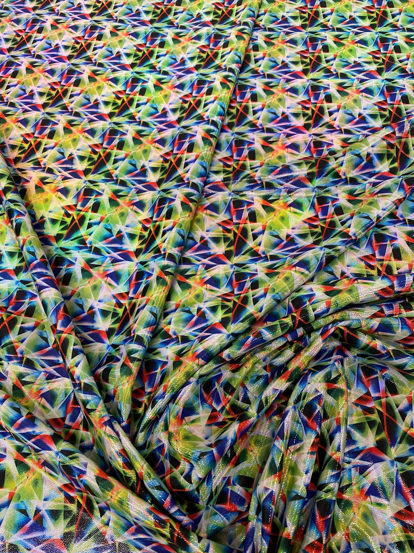 New 3D Glass abstract design digital foil print hologram metallic nylon with Iridescent foil 4-way stretch 58/60” Sold by the YD.