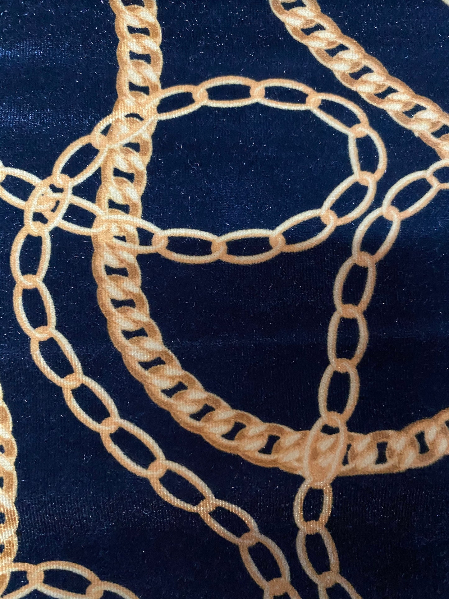 New Luxury velvet with Chain design Black/gold chains with dots 4-way stretch 58/60” Sold by the YD. Ships worldwide from Los Angeles CA USA