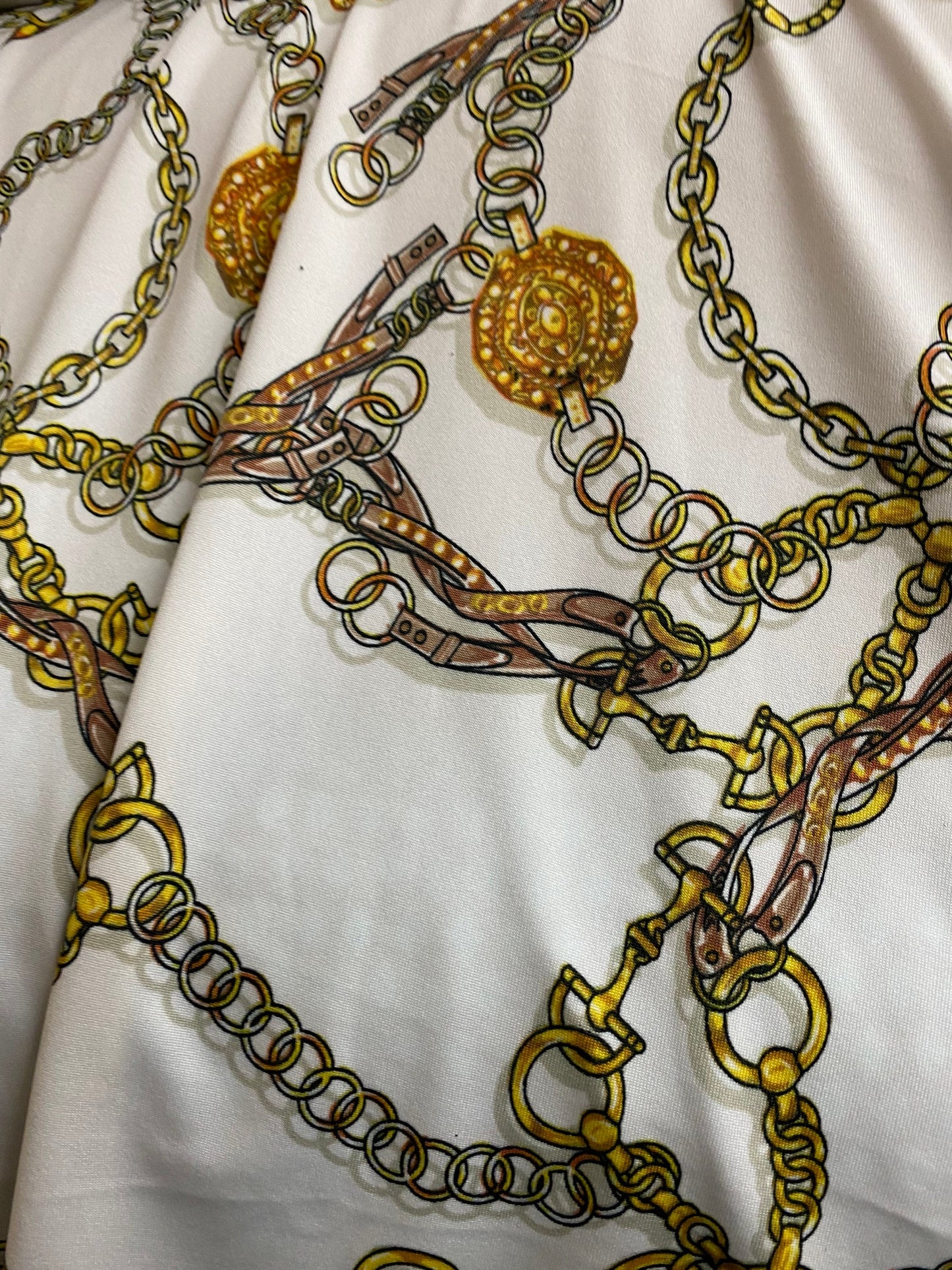 New modern chain design poly spandex 4-way stretch medium weight 58/60” Sold by the YD. Ships worldwide from Los Angeles California USA.