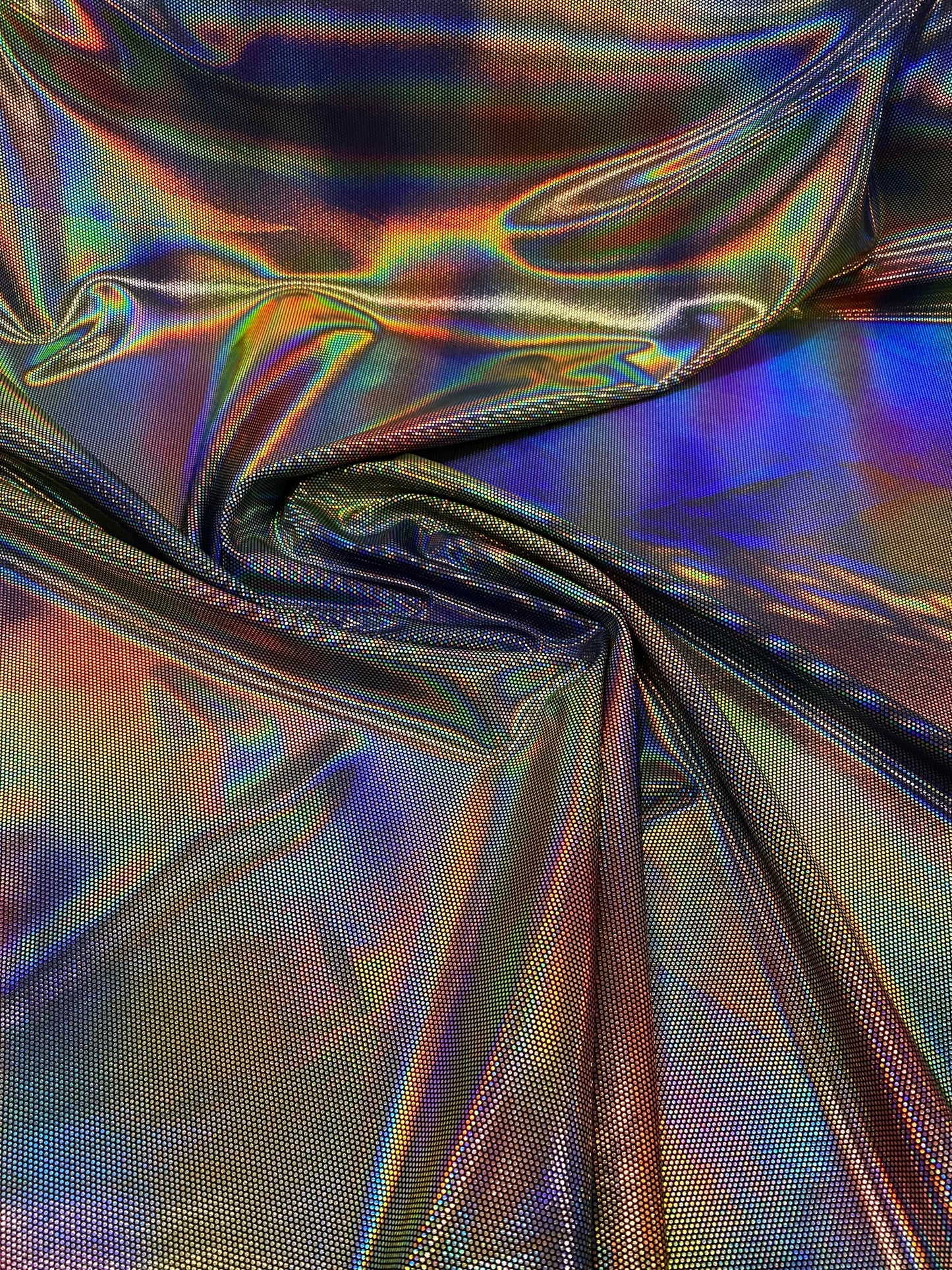 New spectrum design iridescent metallic nylon spandex with hologram foil 4-way stretch 58/60” Sold by the YD. Ships worldwide from L.A CA US