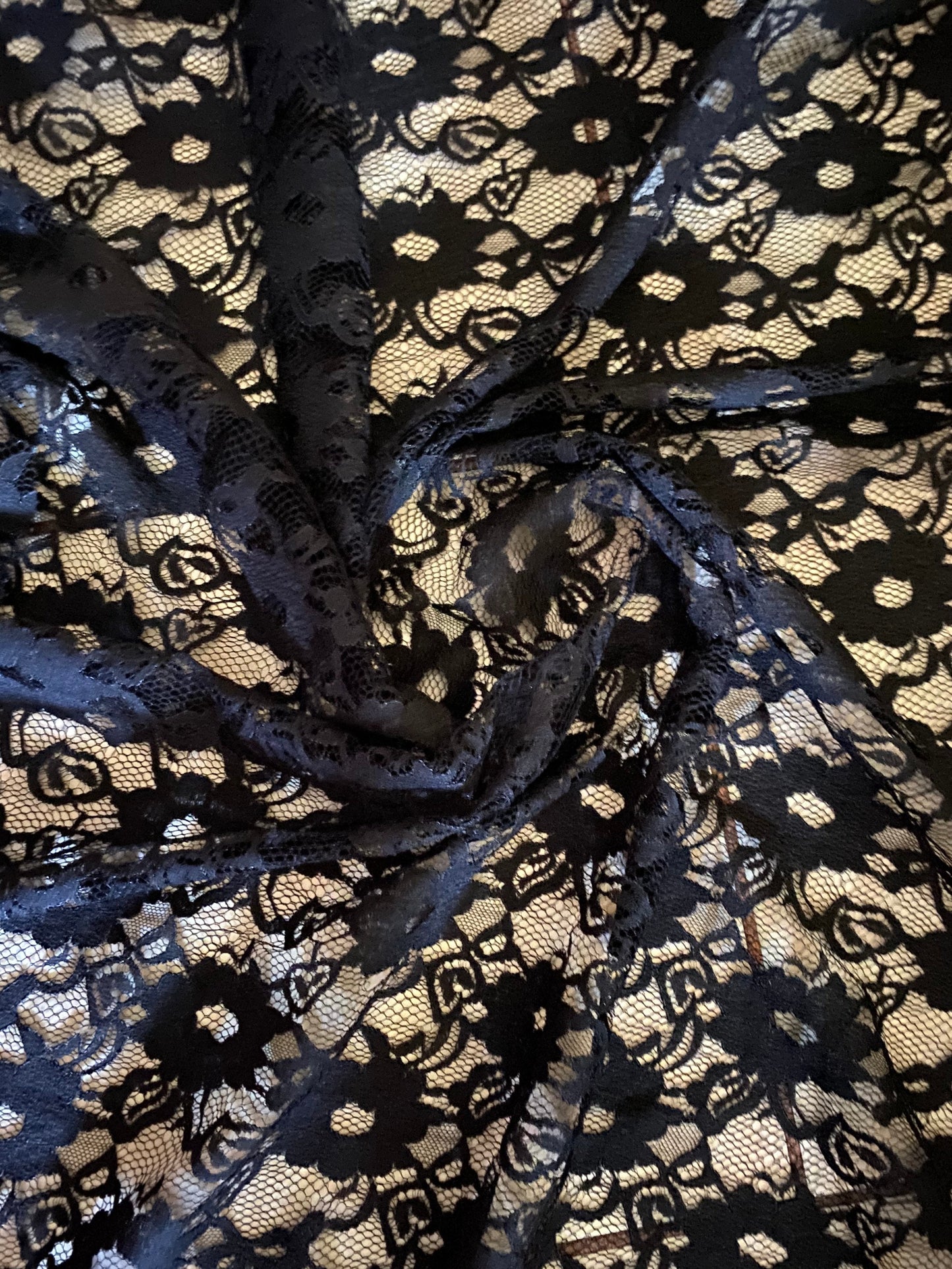 New embroidered black lace flower design 2-way stretch 55/57” Sold by the YD. Ships worldwide from Los Angeles California USA.