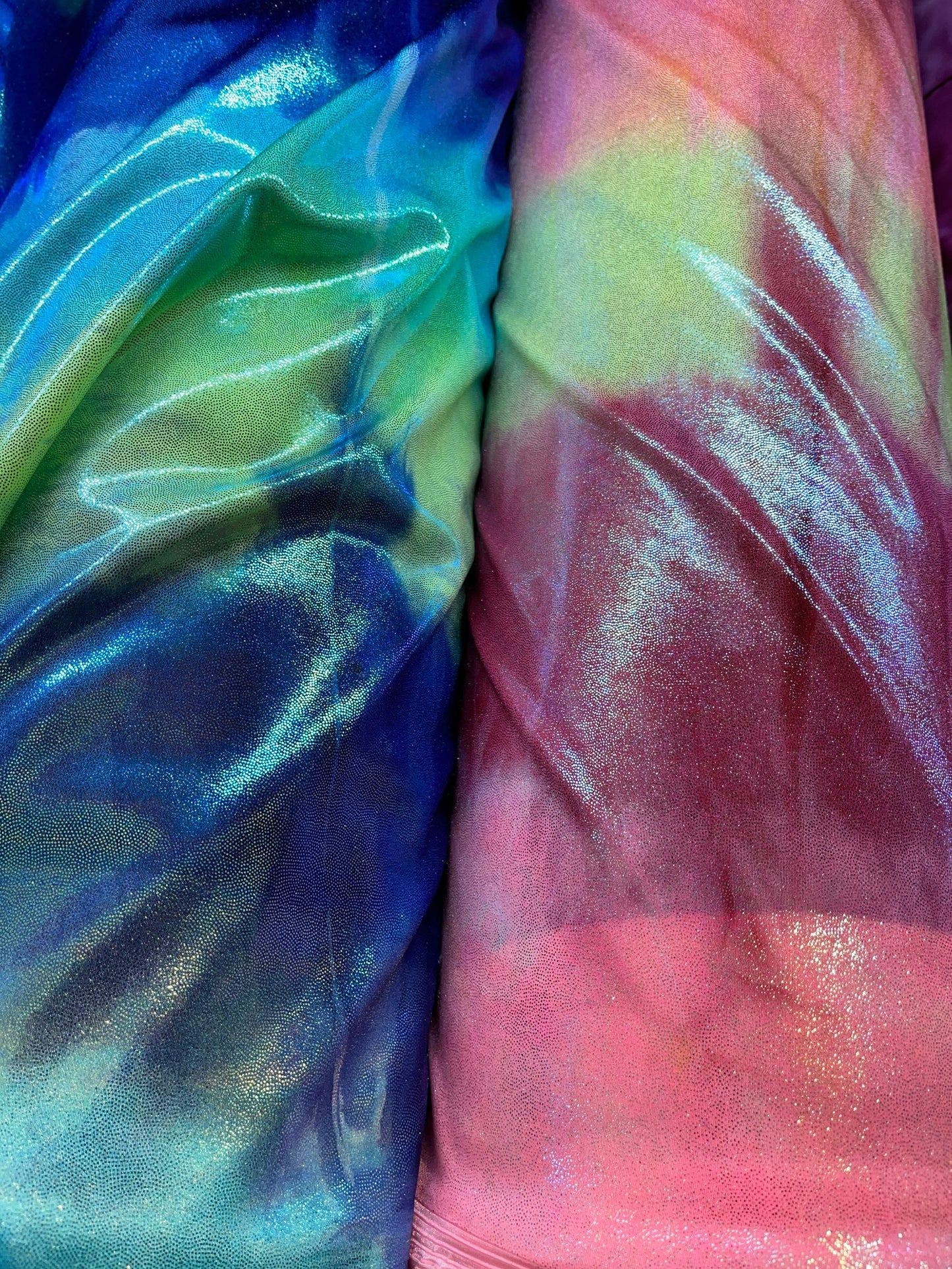 Now Tie dye foggy foil metallic nylon spandex 4-way stretch 58/60” Sold by the YD. Ships Worldwide from Los Angeles California