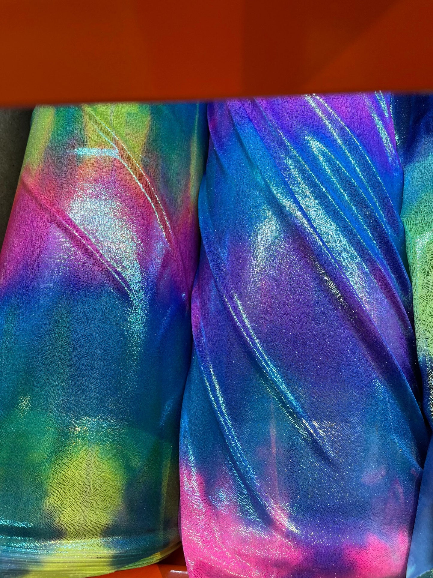Now Tie dye foggy foil metallic nylon spandex 4-way stretch 58/60” Sold by the YD. Ships Worldwide from Los Angeles California