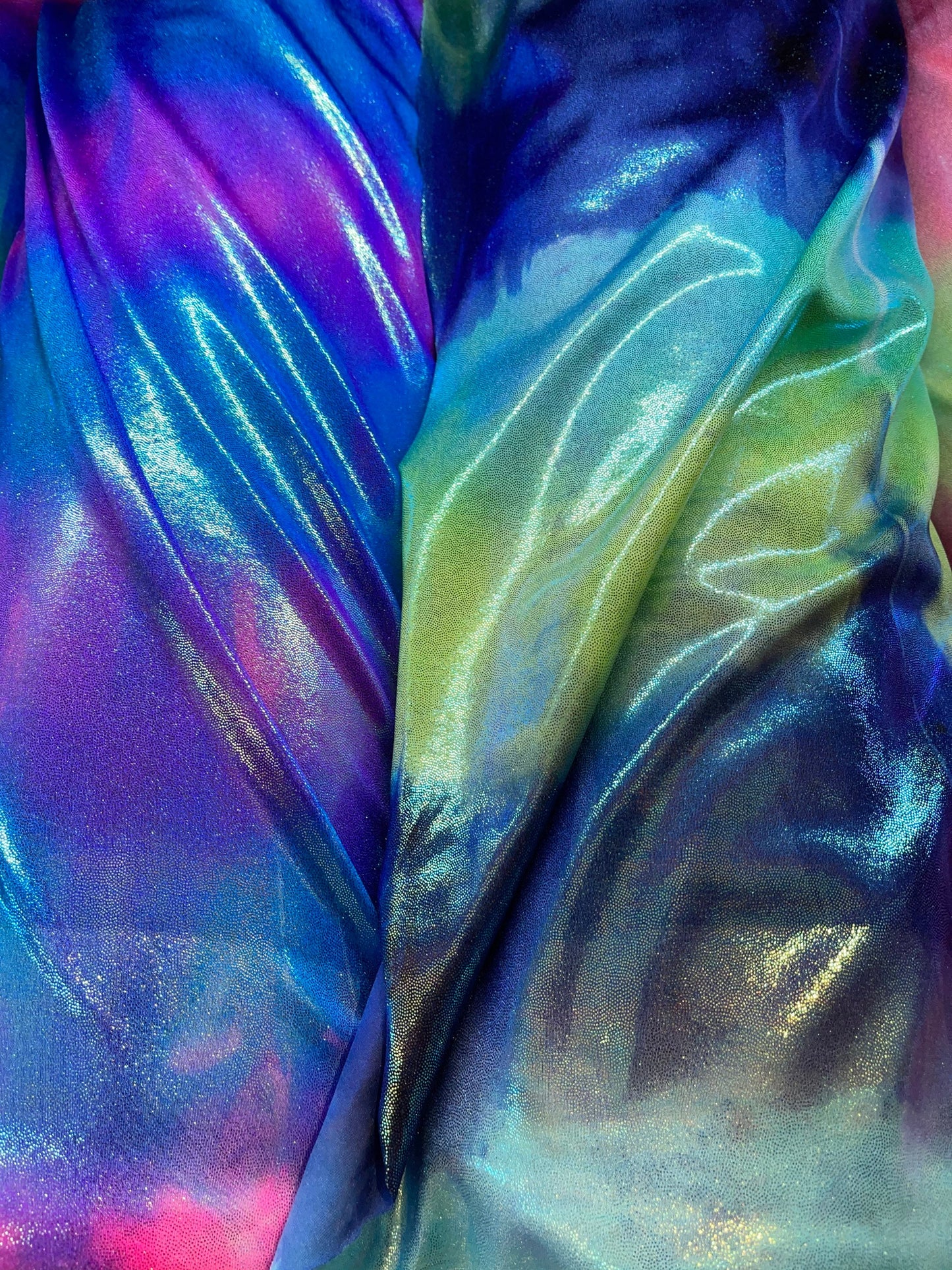 Now Tie dye foggy foil metallic nylon spandex 4-way stretch 58/60” Sold by the YD. Ships Worldwide from Los Angeles California