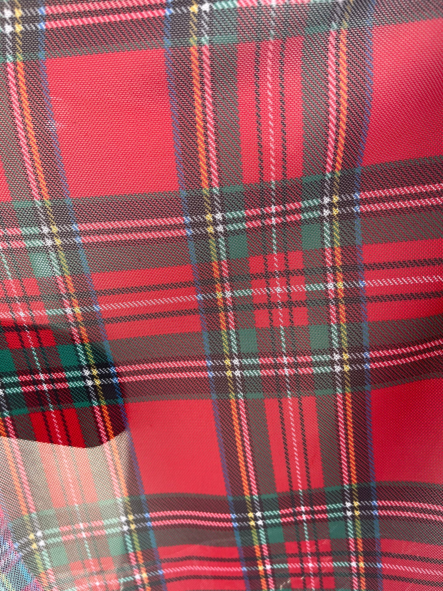 New Christmas Red Plaid Design Print On power mesh 4-Way stretch 58/60” Sold By The YD. Ships Worldwide From Los Angeles California USA.
