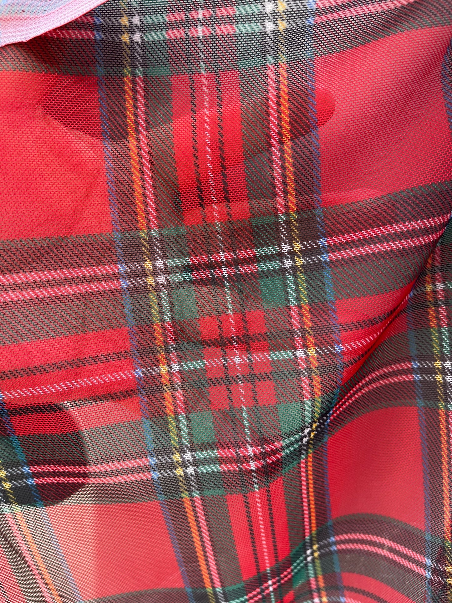 New Christmas Red Plaid Design Print On power mesh 4-Way stretch 58/60” Sold By The YD. Ships Worldwide From Los Angeles California USA.