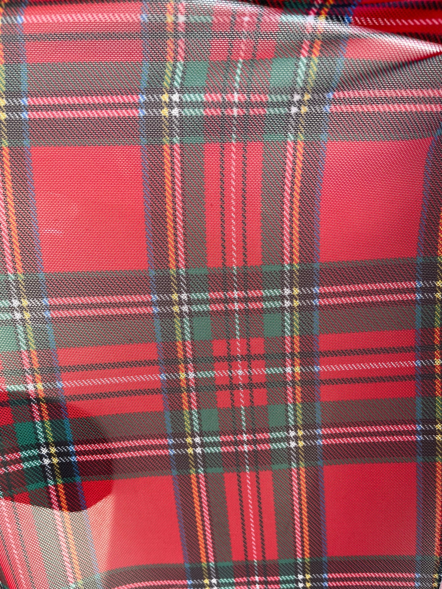 New Christmas Red Plaid Design Print On power mesh 4-Way stretch 58/60” Sold By The YD. Ships Worldwide From Los Angeles California USA.