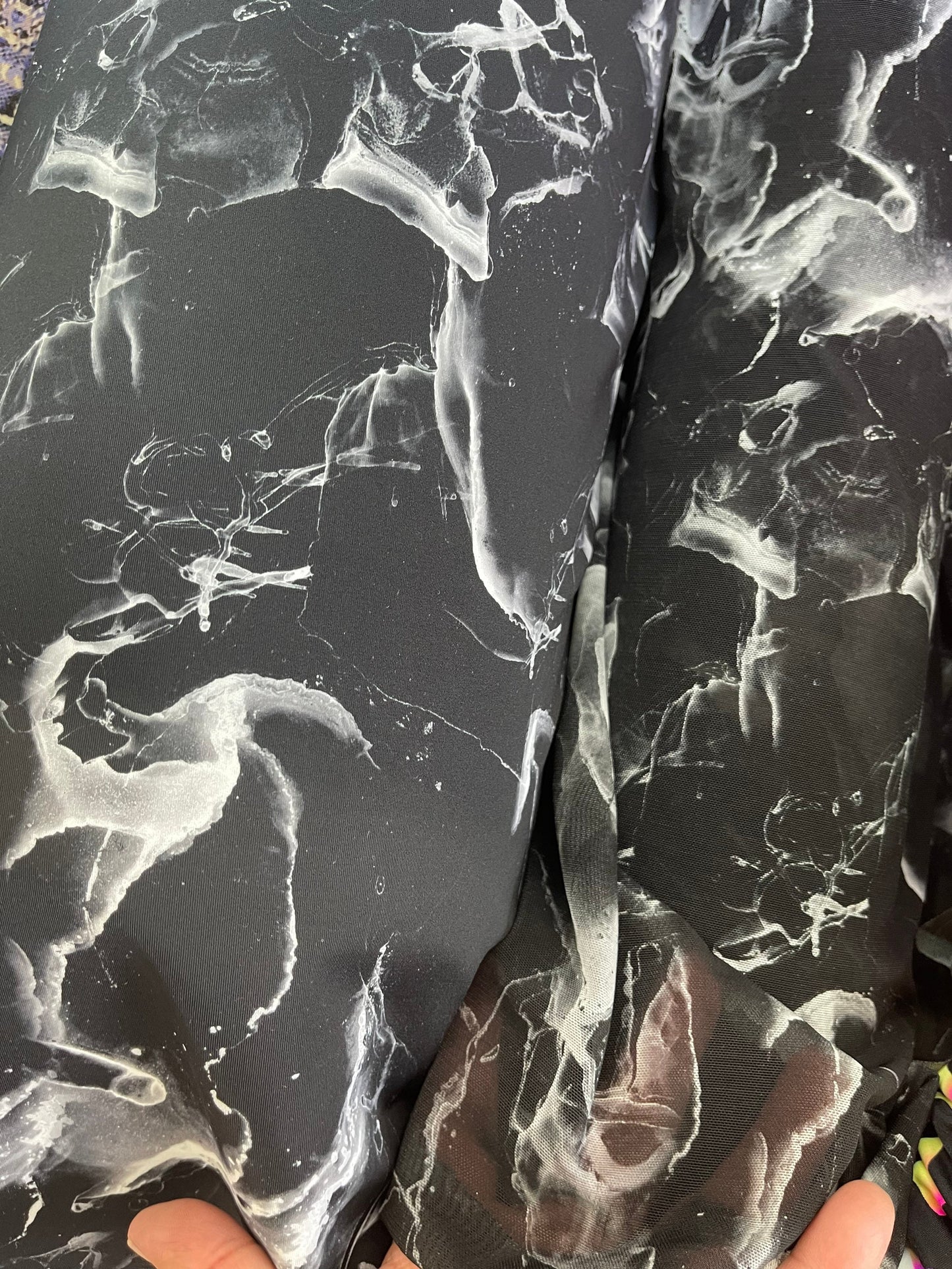 New abstract Marble design Black/white print on best quality of nylon spandex and power mesh 4-way stretch 58/60” Sold by the YD.