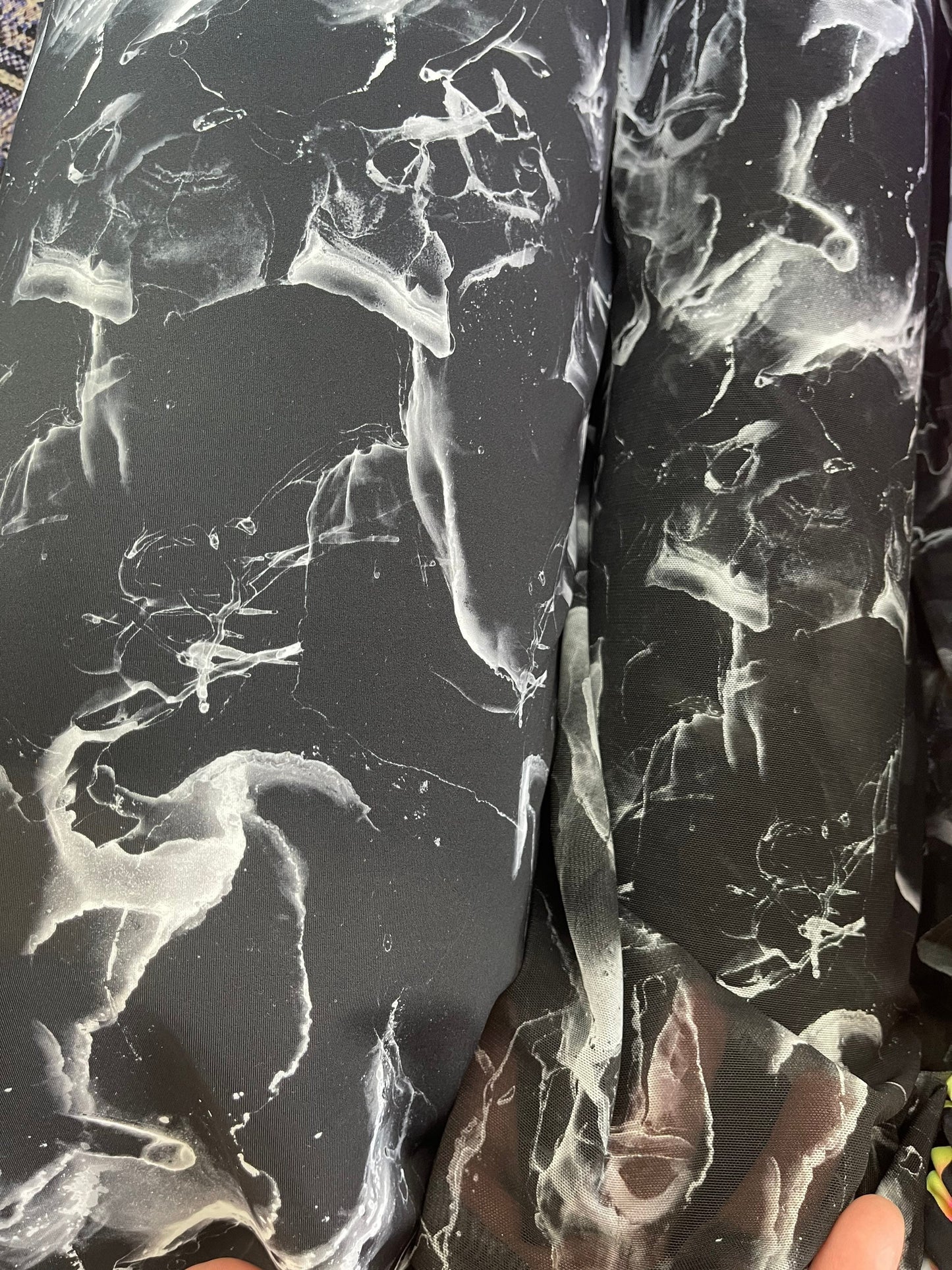 New abstract Marble design Black/white print on best quality of nylon spandex and power mesh 4-way stretch 58/60” Sold by the YD.