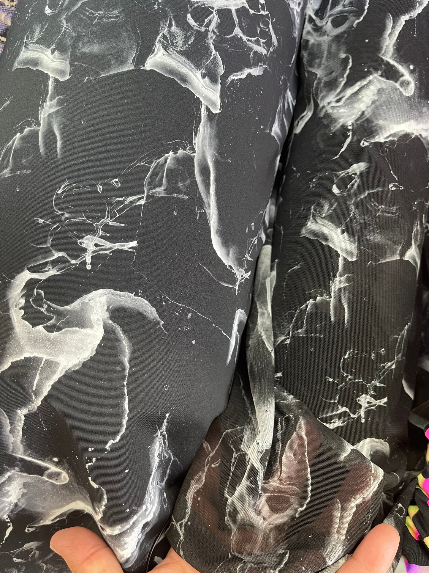 New abstract Marble design Black/white print on best quality of nylon spandex and power mesh 4-way stretch 58/60” Sold by the YD.
