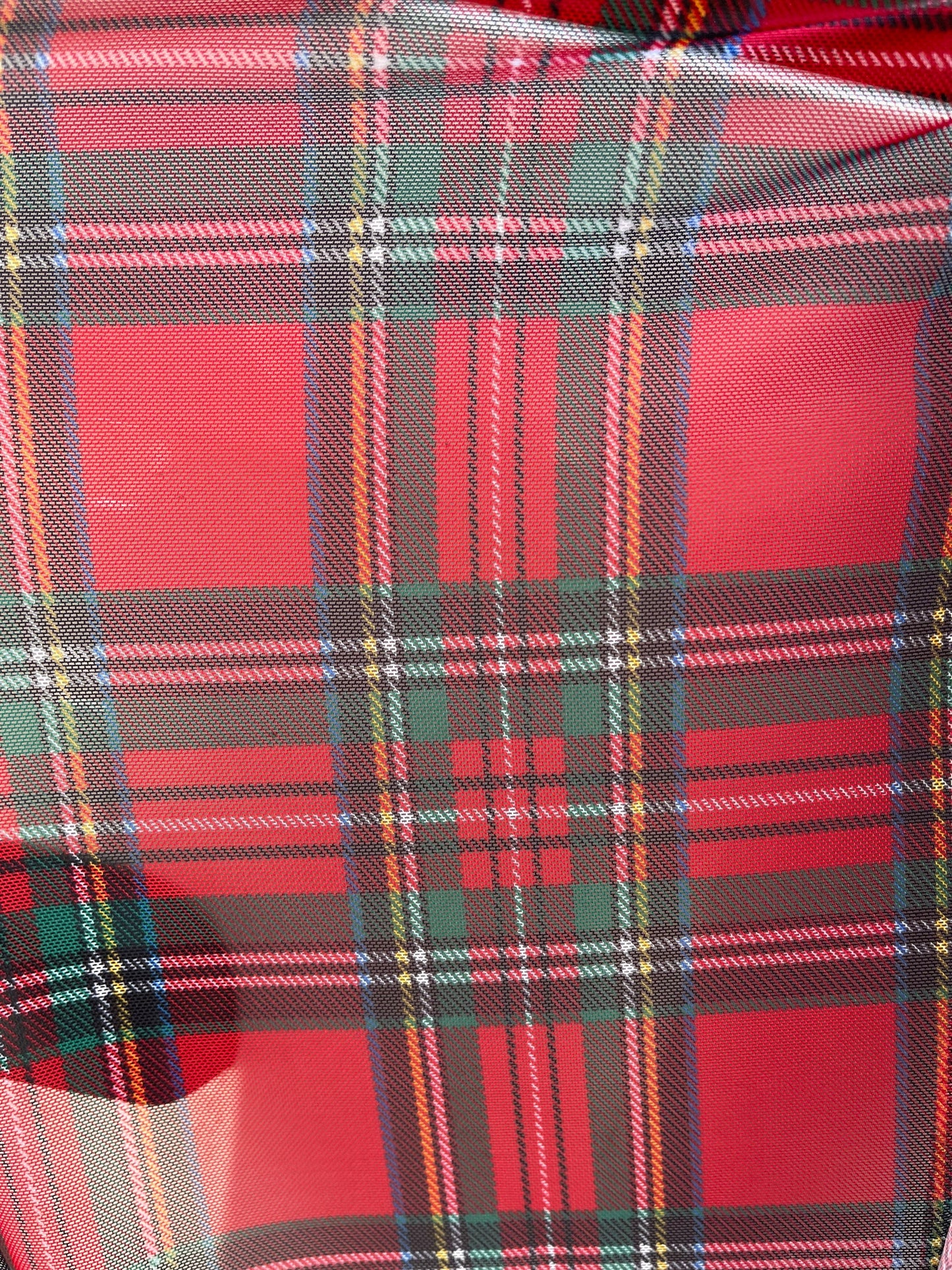 New Christmas Red Plaid Design Print On power mesh 4-Way stretch 58/60” Sold By The YD. Ships Worldwide From Los Angeles California USA.