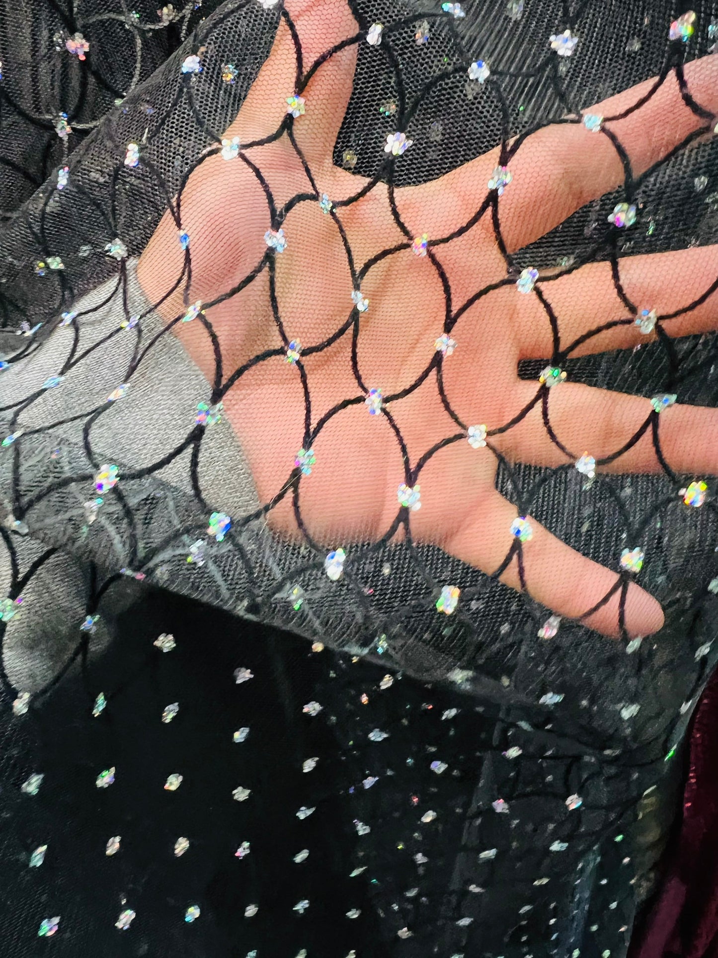 Oval design flocking glitter stretch mesh one way stretch 58/60” Sold by the YD. Ships Worldwide from Los Angeles California USA